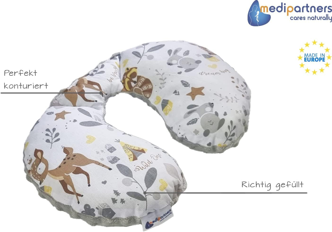 Medi Partners Almohada para el cuello del bebé Soporte para el cuello 100% algodón / Minky Almohada para el cuello del bebé para el coche Cochecito Viajes Viajes Dormir Almohada para el cuello Snooze Roll (REH con Minky gris) Almohadas ortopédicas cervicales Naty Shop
