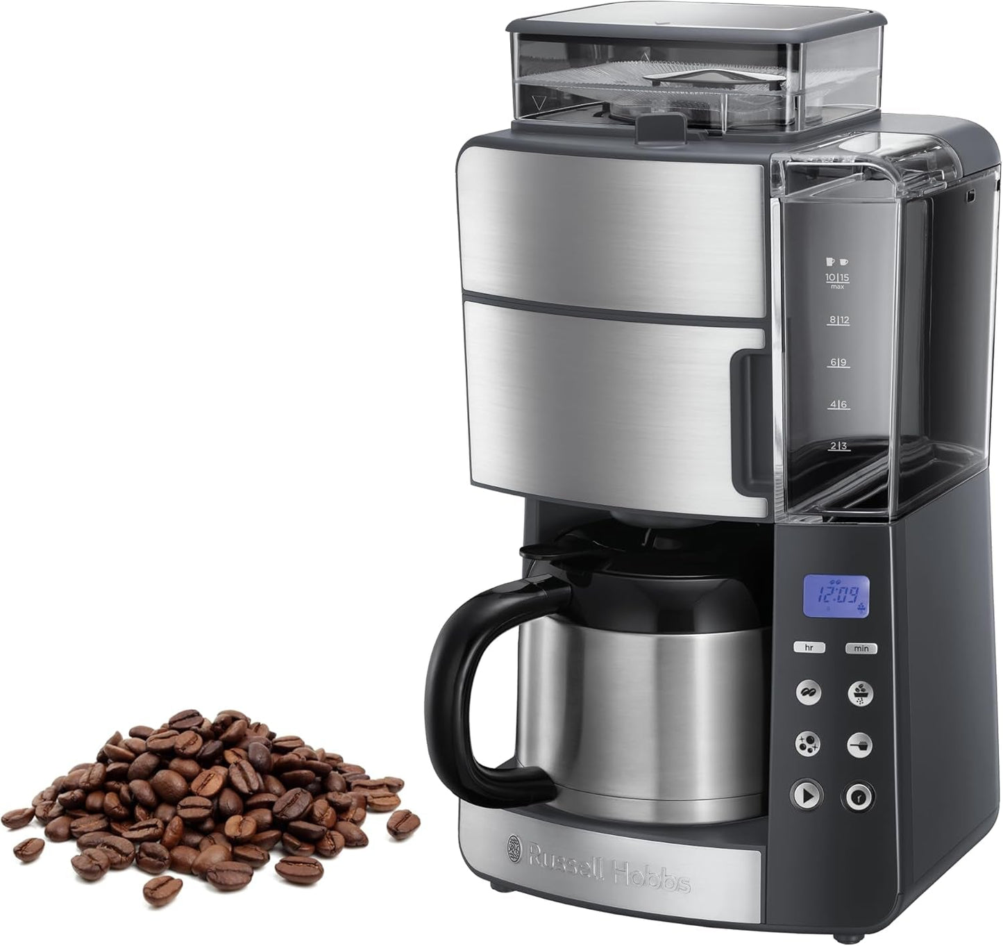 Cafetera Russell Hobbs con Molinillo y Jarra Térmica [Temporizador Digital, Cabezal de Ducha para una Extracción y Aroma Óptimo] Grind&Brew (1-10 Tazas, 3 Configuraciones de Molido) Cafetera de Filtro 25620-56