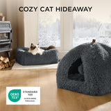 BEDSURE Katzenbett große Katzen Katzenhöhle- 44x44x44 cm Plüsch Katzenhaus Indoor mit abnehmbarem Katzenkissen und hängendem Spielzeug, Katzen Bettchen washbar, dunkelgrau