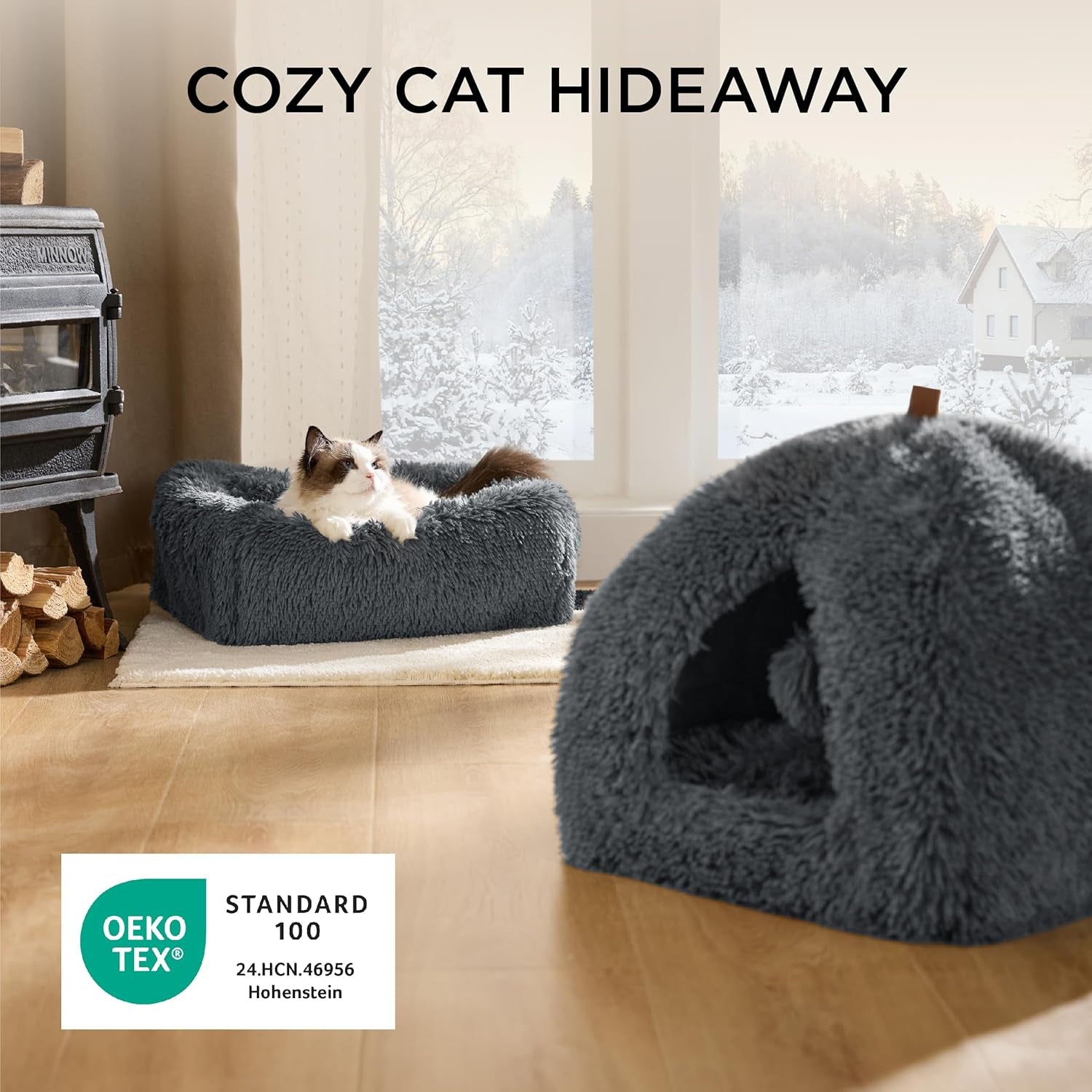 BEDSURE Katzenbett große Katzen Katzenhöhle- 44x44x44 cm Plüsch Katzenhaus Indoor mit abnehmbarem Katzenkissen und hängendem Spielzeug, Katzen Bettchen washbar, dunkelgrau