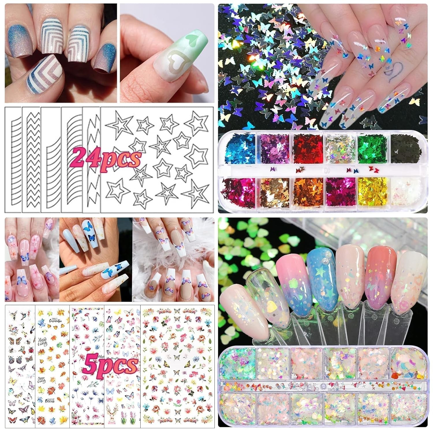 Nail Art Pinsel Und Dekorationen Set,Nail Art Dekoration Zubehör Set,15 Pcs Pinsel,5 Blätter Nagelsticker,5 Pcs Dotted Pen,Strasssteine ​​​​Nägel,Ultra Dünn Nagel Paillettes Für Nagelkunst Maniküre