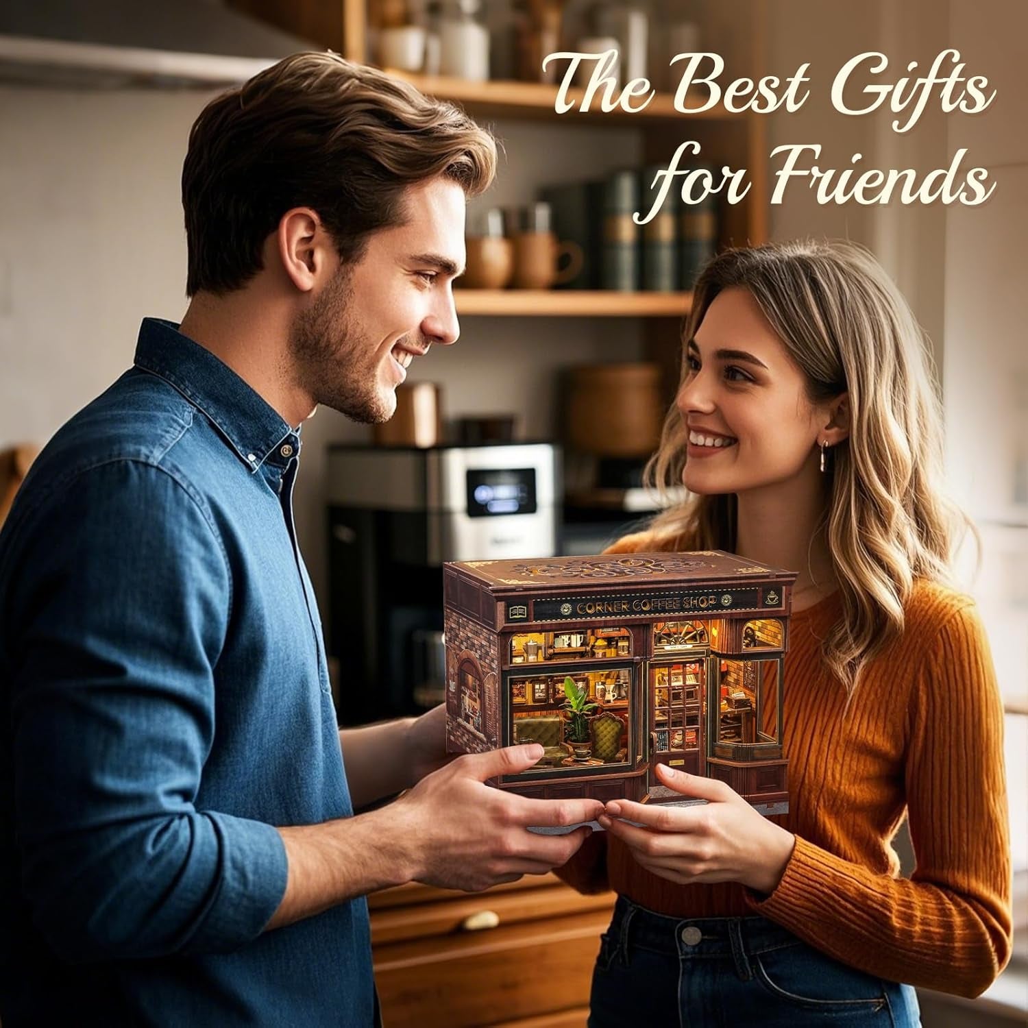 CUTEBEE Kit de esquina para libros – Casas de muñecas DIY, kit de construcción de casa en miniatura con luz LED para adultos, rompecabezas de madera 3D y soporte para libros – Decoración de estantería y regalo (café de esquina)