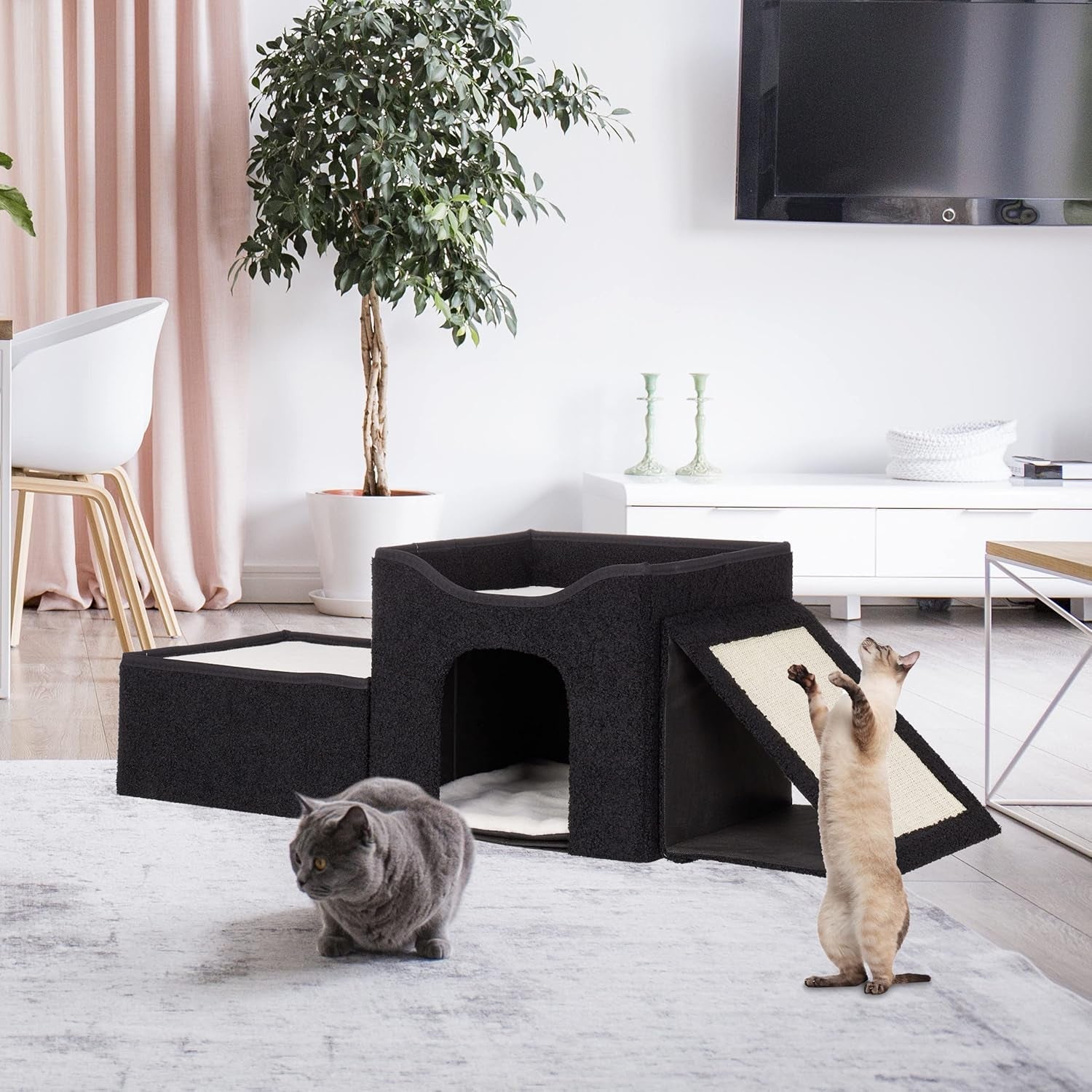 Relaxdays Katzenhöhle, plegable, 3 Liegeplätze, Katzenhaus mit Kratzfläche, HBT: 36,5x112x41 cm, Katzenversteck, negro
