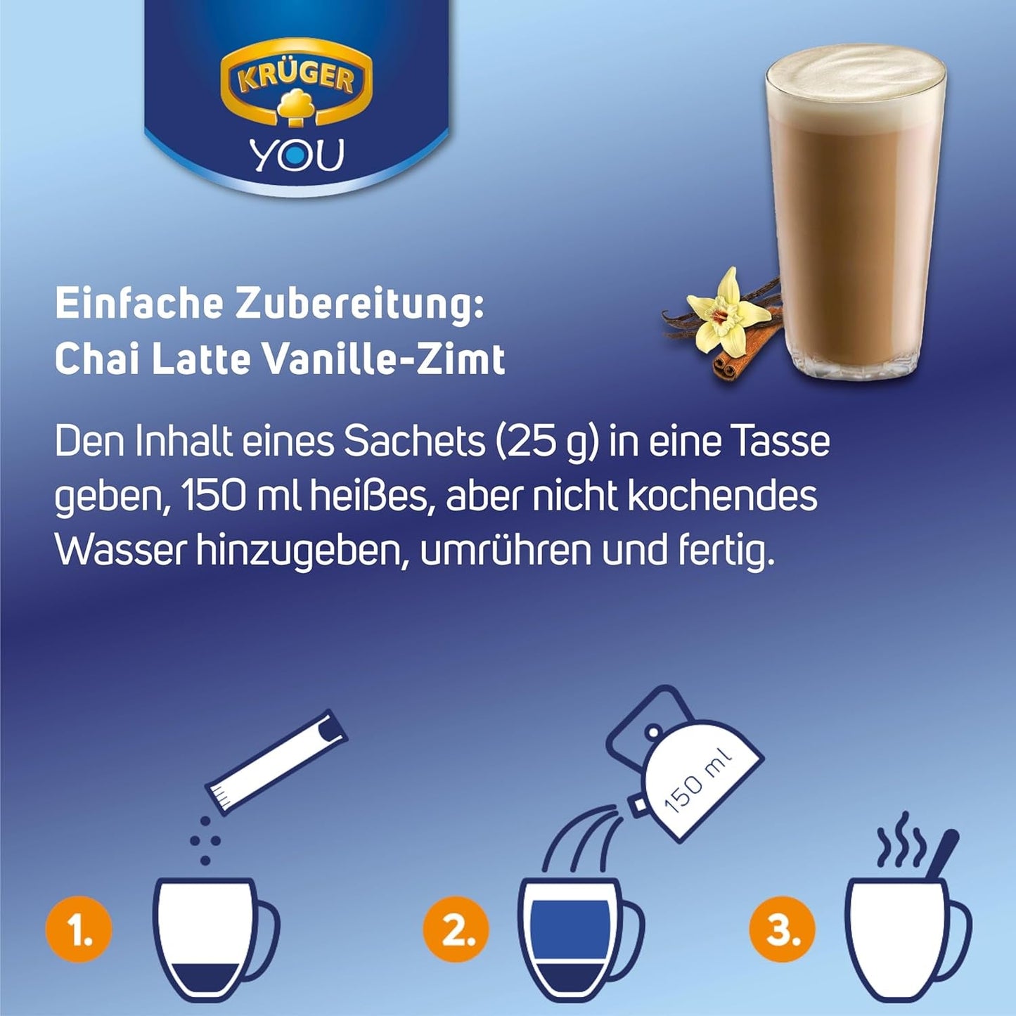 KRÜGER YOU Chai Latte Vanilla Cinnamon, preparación instantánea para bebidas lácteas, aromatizado con vainilla y canela, 250 g (10 sobres de 25 g)