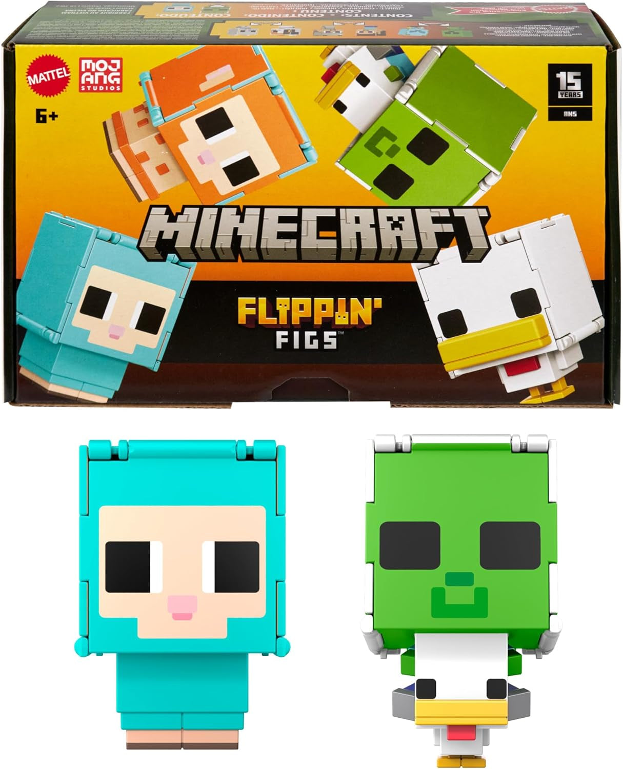 Mattel Minecraft Flippin' Figs Oveja y Pollo Paquete de 2 con Figuras de Juego 2 en 1, Cabezas Grandes y diseño de píxeles HXK17 Figuras de acción Naty Shop Ovejas y Pollo