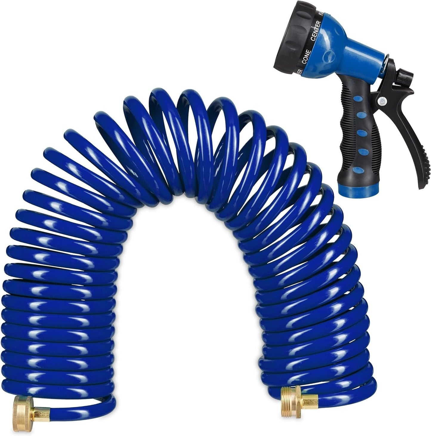 Relaxdays Manguera en espiral extensible hasta 10 m Manguera de jardín flexible con pulverizador de agua 7 patrones de pulverización azul 25 x 52 x 15 cm