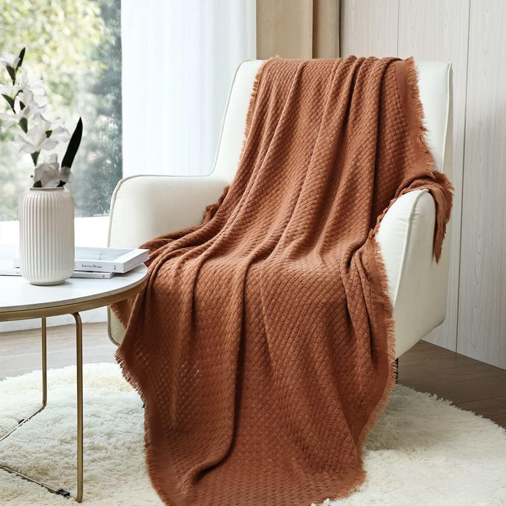 CREVENT Manta de punto color óxido para sofá, silla, cama, decoración del hogar, suave, cálida, acogedora, ligera, primavera, verano, otoño (127,8 x 152,4 cm, caramelo/marrón/naranja quemado) CREVENT Caramel Waffle Camas y mantas