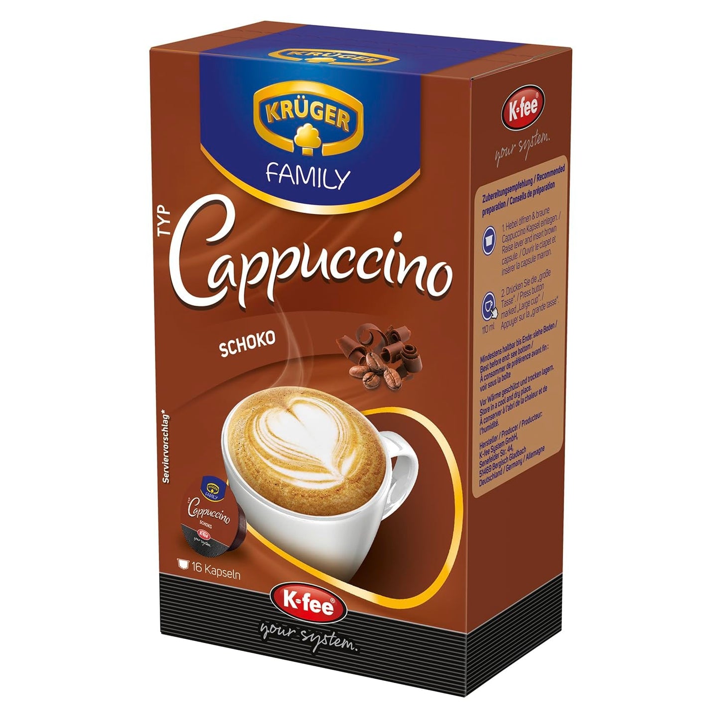 KRÜGER Cappuccino Schoko Cápsulas de café, compatibles con K-fee y ALDI EXPRESSI* Kapselmaschinen, café instantáneo aromatizado, 96 cápsulas
