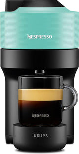 Cafetera espresso con cápsulas Nespresso Krups Vertuo Pop, capacidad: 560 ml, reconocimiento automático de cápsulas, sistema one-touch, 4 tamaños de taza, tiempo de calentamiento reducido, sostenible, Aqua Mint, XN9204