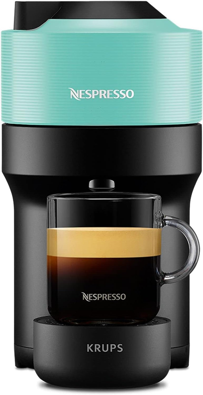 Cafetera espresso con cápsulas Nespresso Krups Vertuo Pop, capacidad: 560 ml, reconocimiento automático de cápsulas, sistema one-touch, 4 tamaños de taza, tiempo de calentamiento reducido, sostenible, Aqua Mint, XN9204