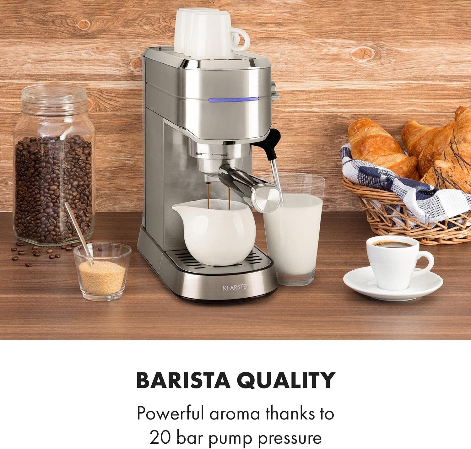 Klarstein Futura Cafetera espresso, Cafetera espresso portátil con filtro, 1450 W, 20 bar, Calidad barista, Doble boquilla, Parada de flujo, Cafetera espresso portátil con filtro, Función espumador de leche, Plata