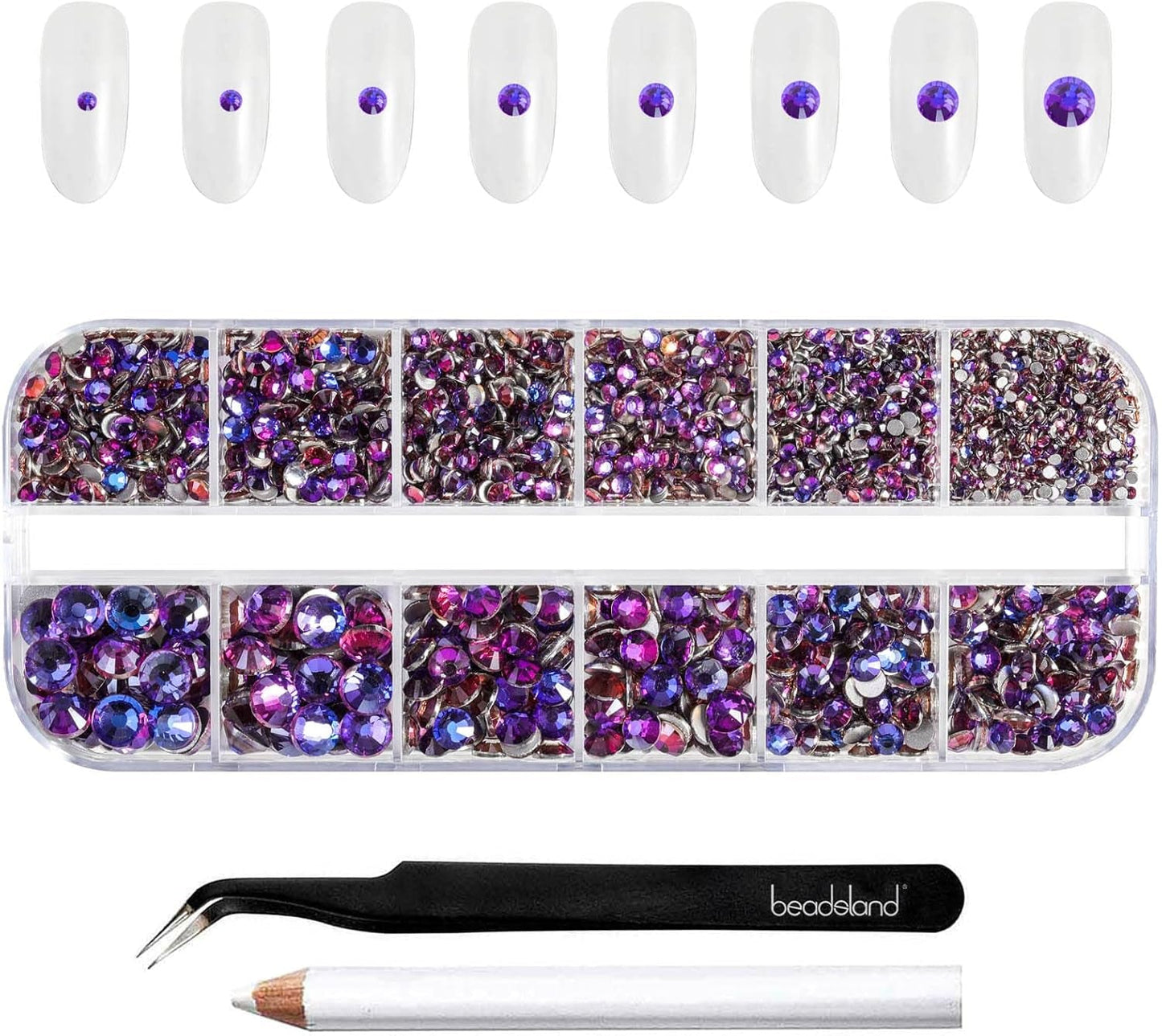 Beadsland 2500 piezas de piedras de cristal para decoración de uñas con parte trasera plana, piedras preciosas para trabajos manuales de 8 tamaños SS4 ~ SS30 con pinzas y puntas (Kristall Weiss)