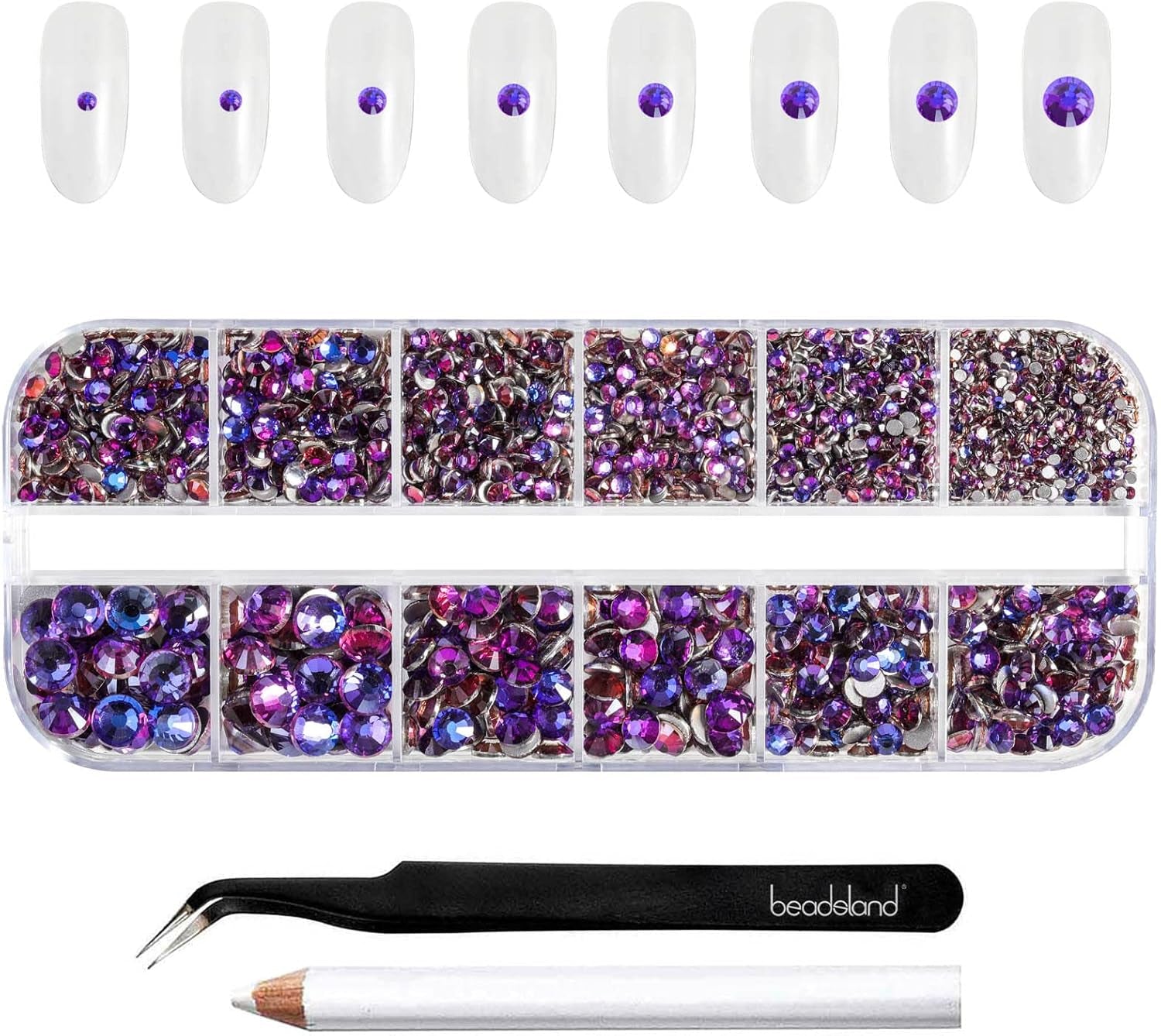 Beadsland 2500 piezas de piedras de cristal para decoración de uñas con parte trasera plana, piedras preciosas para trabajos manuales de 8 tamaños SS4 ~ SS30 con pinzas y puntas (Kristall Weiss)