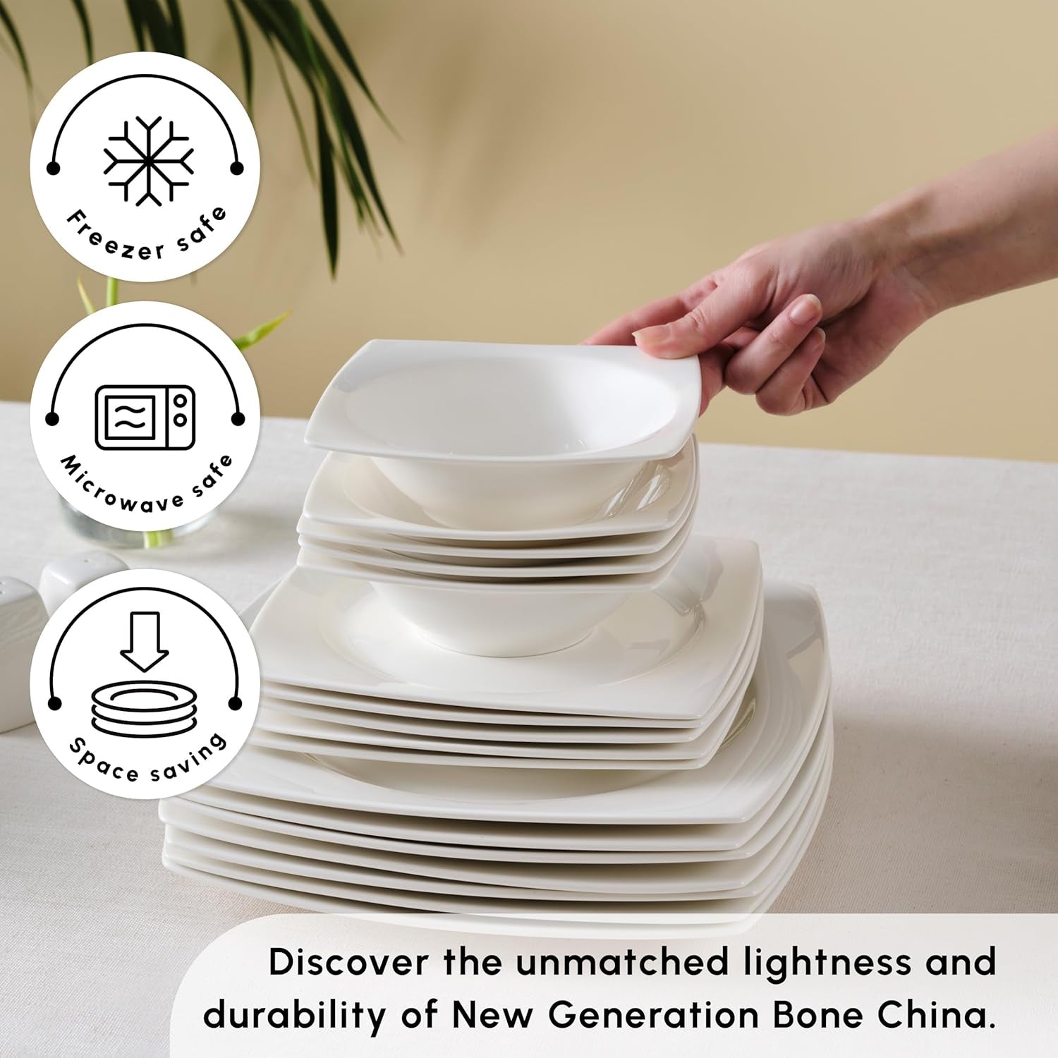 Karaca Jamie Juego de Vajilla Blanca para 12, 52 Piezas - Elegante Vajilla de Porcelana para 12 | Incluye platos, tazas, tazones |