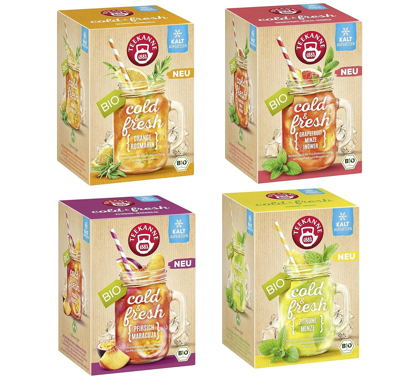 Teekanne Cold & Fresh BIO 4Er Mix - Con las nuevas variedades limón-menta, melocotón-maracuyá, naranja-romero, pomelo-menta-jengibre (4 X 45G)