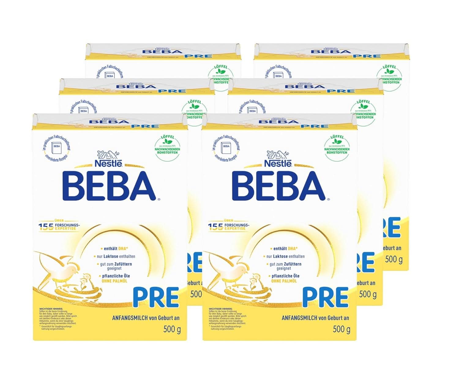 BEBA PRE Leche inicial desde el nacimiento, papilla con DHA, solo lactosa, sin aceite de palma, pack 3 (3 x 800 g) Naty Shop PRE, set 6 x 500 gramos 6 x 500 gramos