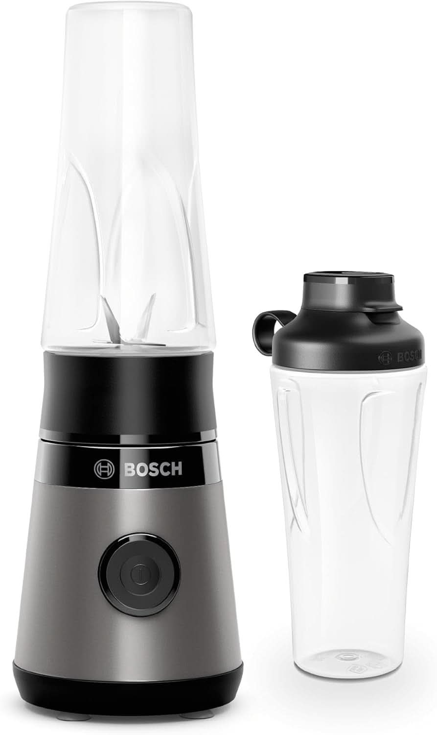 Bosch Minibatidora con base Vitapower Serie 2 MMB2111S, Batidora de alta velocidad, Bis Zu 40.000 rpm, Tritan Togo-Flasche 0,6 L, Trinkdeckel, Bruchsicher, Spülmasch.Geeignete Teile, 450W, Plata/Negro Cocina Naty Shop Single Schwarz