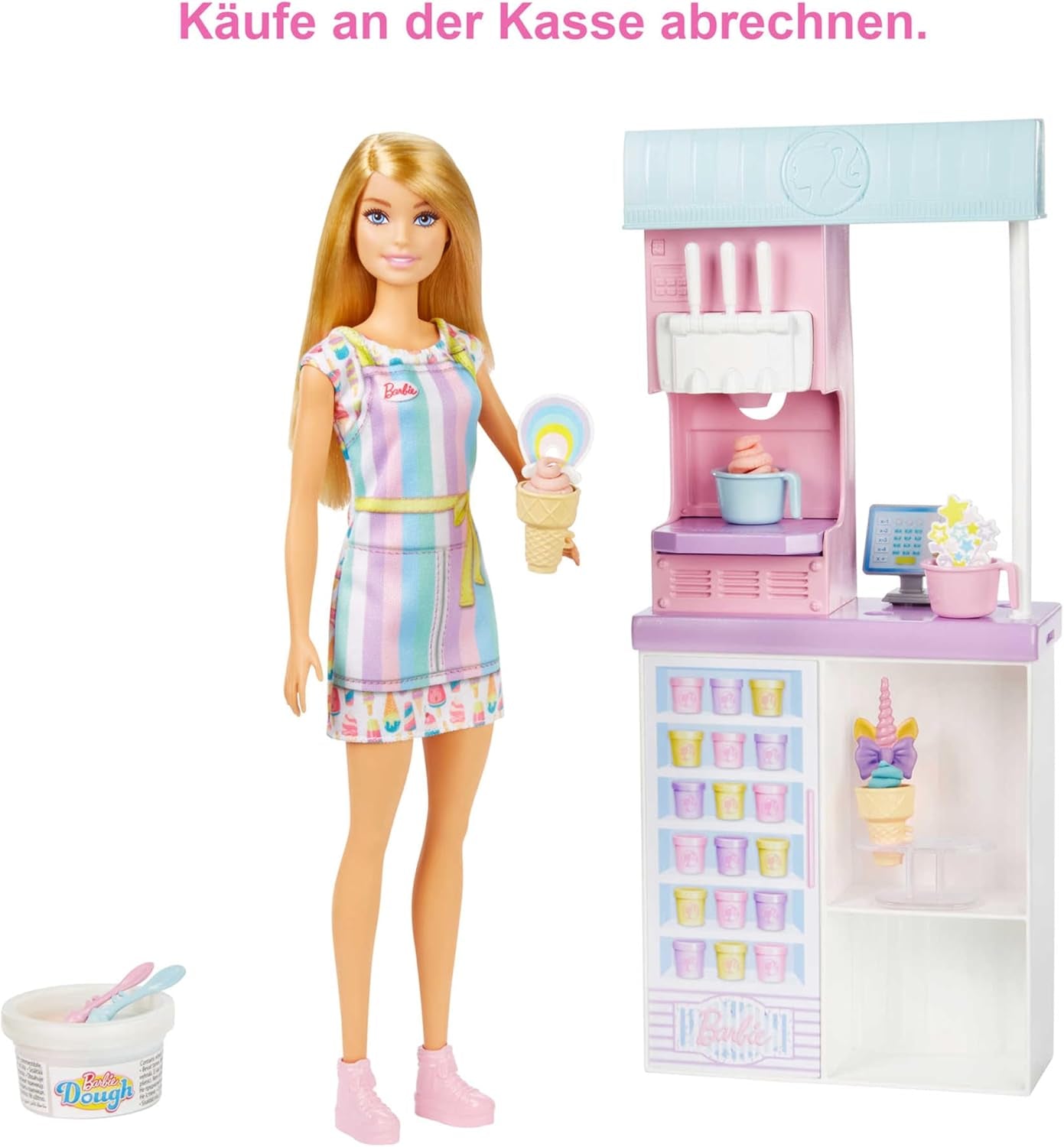 Barbie Serie You Can Be Anything, Heladería, 1 muñeca Barbie de pelo rubio, Máquina de helados, Barbie Play-Doh, Accesorios para hornear, Regalo para niños, Juguete a partir de 3 años, HCN46