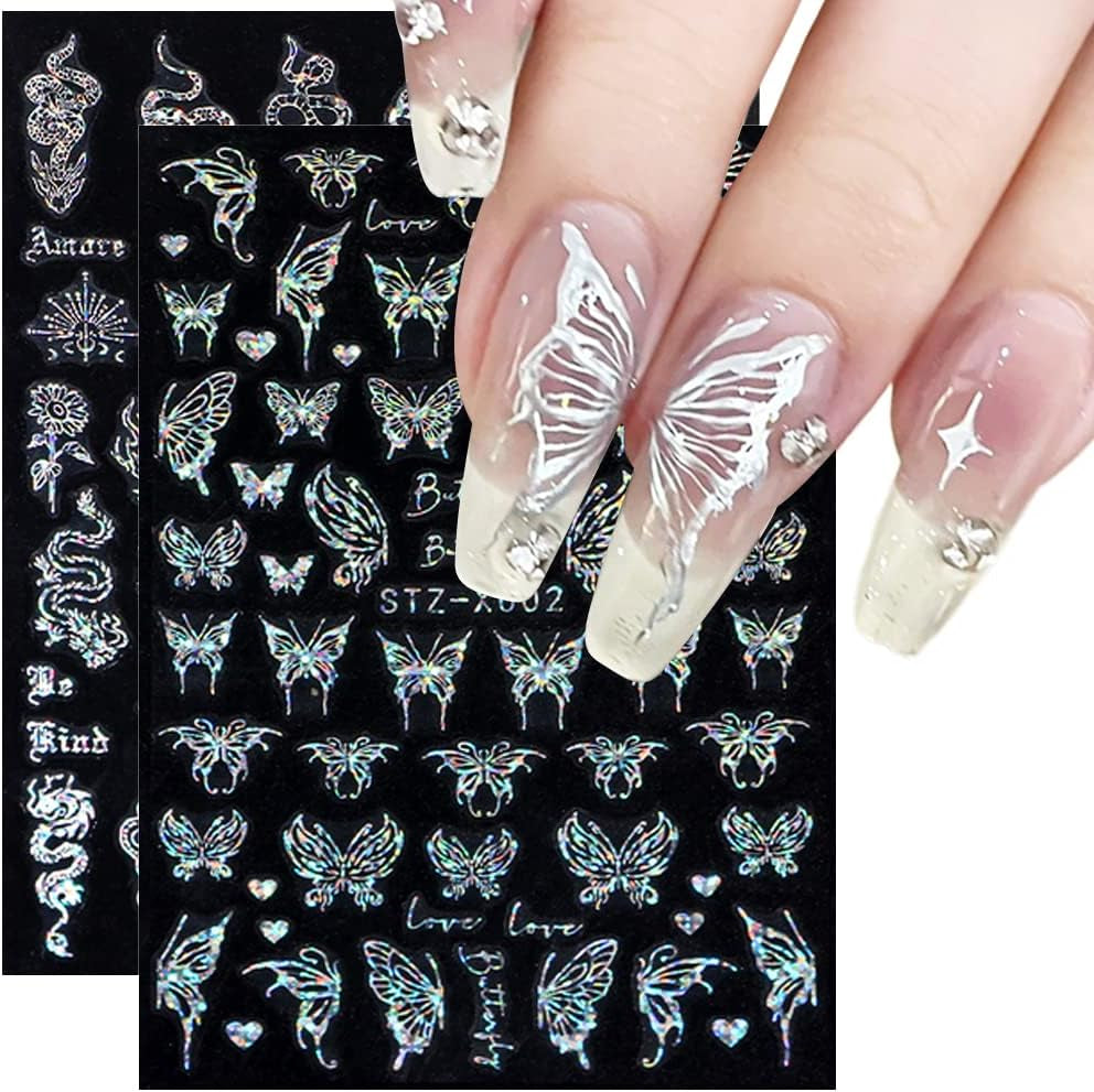 6 Blatt Schmetterling Nagelsticker Selbstklebend Laser Silber Schmetterlings Nagelaufkleber 3D Aurora Silber Schwarz Schmetterlinge Nagel Pegatinas Frühling Nageldesign Nail Sticker Nail Art Zubehör
