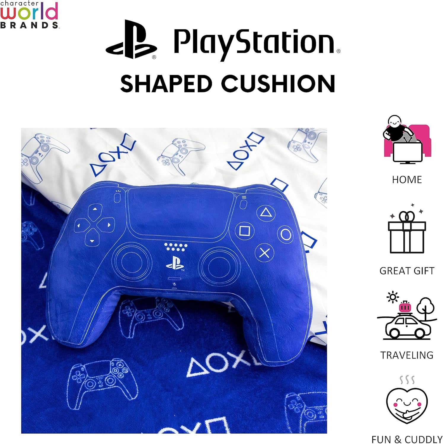 Character World: almohada con forma de controlador de Playstation con licencia oficial, diseño de auricular, almohada de felpa rellena | Perfecto para decoración de dormitorio o juego, almohadas estándar azules de Naty Shop.