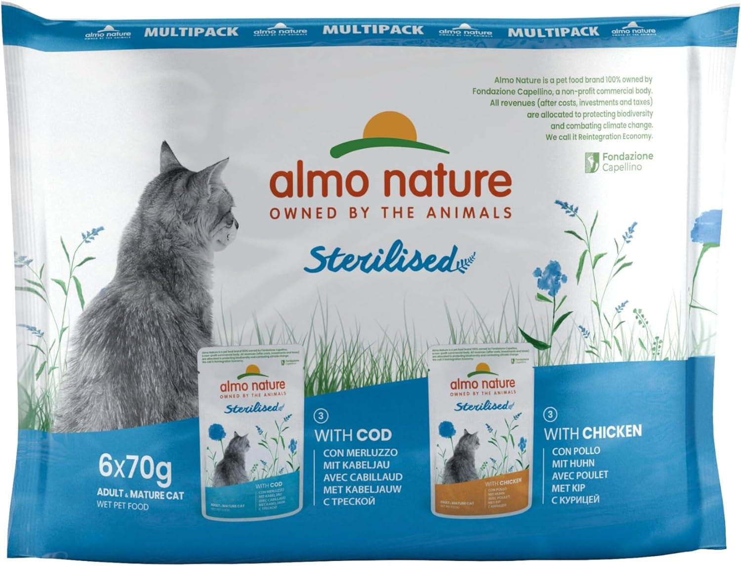 Almo Nature Functional - Esterilizado - Comida húmeda para gatos adultos y senior, esterilizados o menos activos - con bacalao y pollo - Bajo en grasas, hidratante - 70g (paquete de 6)