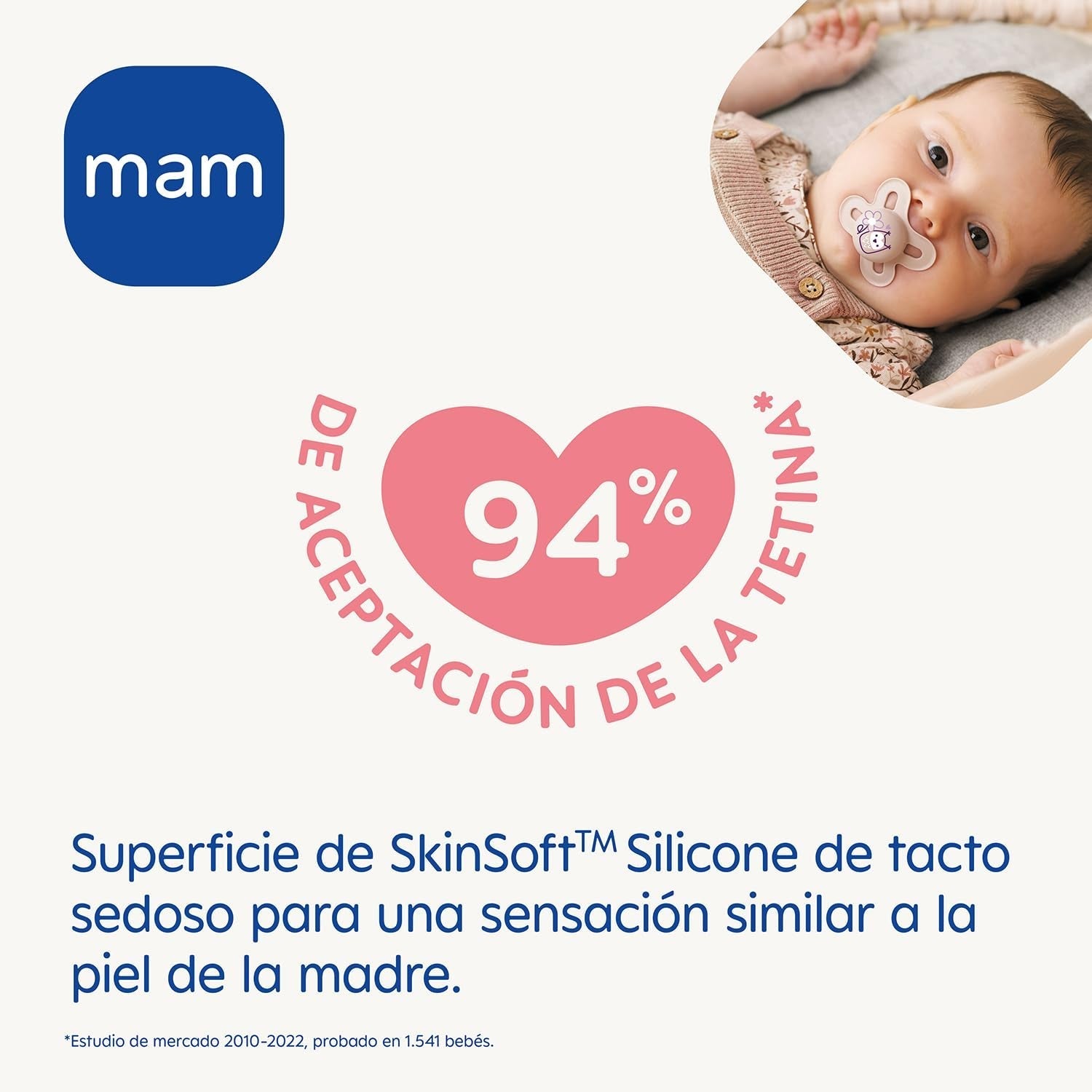 Chupete MAM a partir de 6 meses con tetina simétrica, plano y flexible, silicona suave, fácil de usar, con caja autoesterilizable, Original, Celeste, 2 piezas