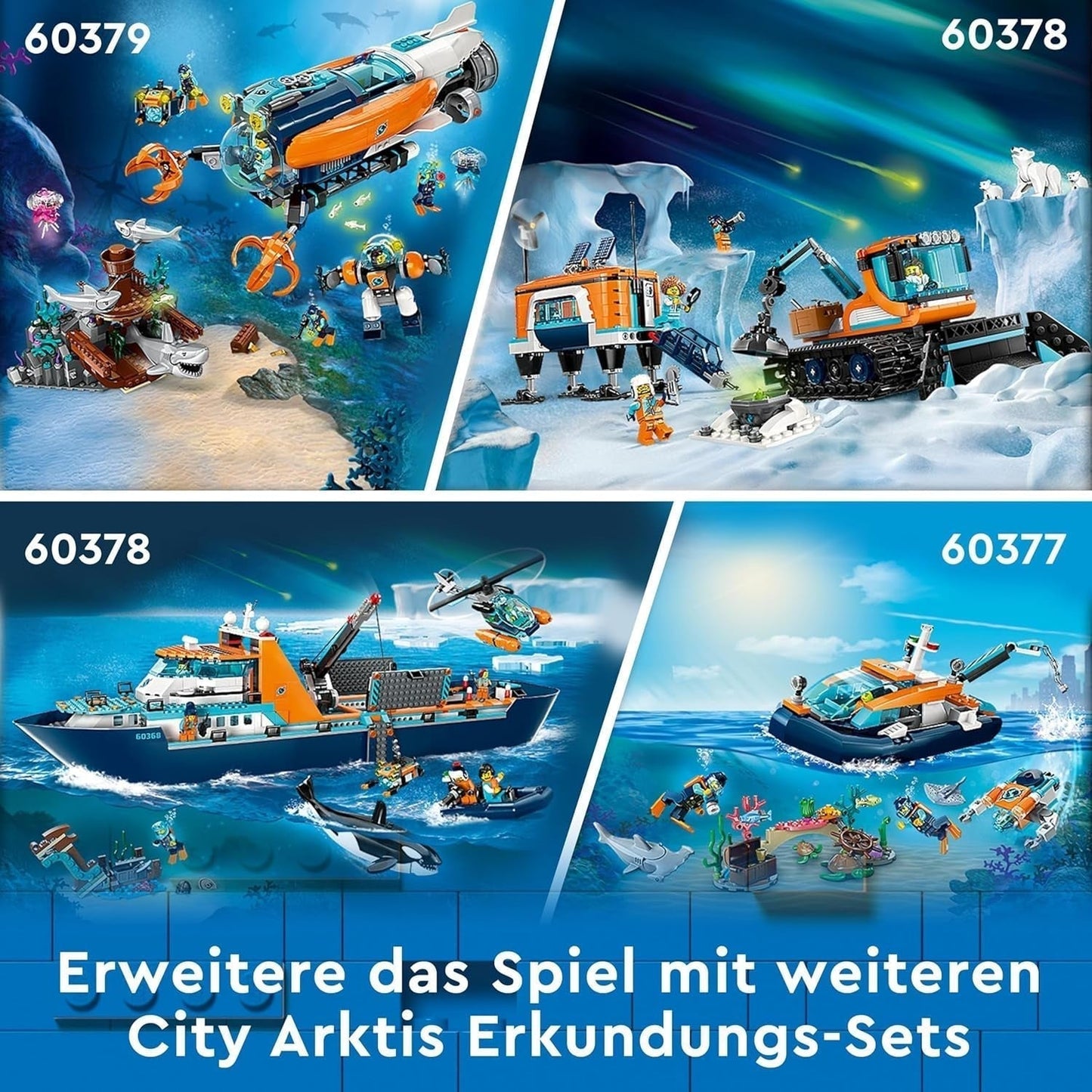 LEGO City Barco de investigación ártico, gran barco flotante de juguete con helicóptero, barco inflable, submarino Rov, naufragio vikingo, 7 minifiguras y figura de orca, regalo para niños a partir de 7 años 60368 Juegos de construcción Besuche den LEGO-Store