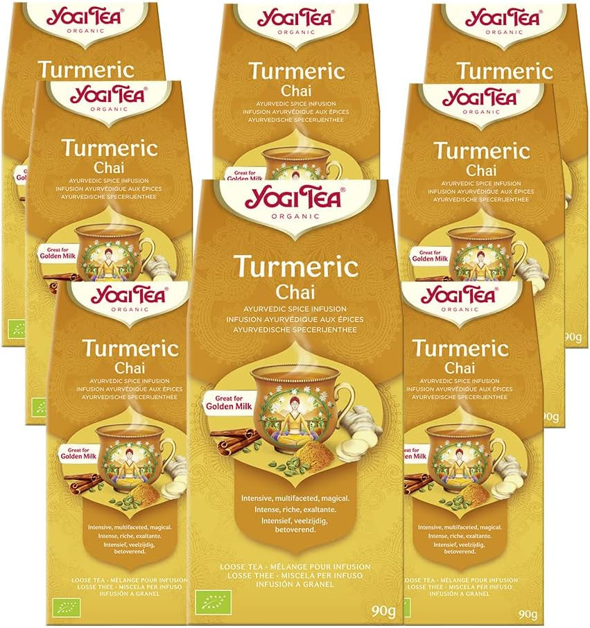 Yogi Tea - Kurkuma Chai Té ayurvédico especiado orgánico Sin cafeína Mezcla de cúrcuma, canela y jengibre Yogi Tea suelto, paquete de 8 x 90 g (720 g), regalo ideal