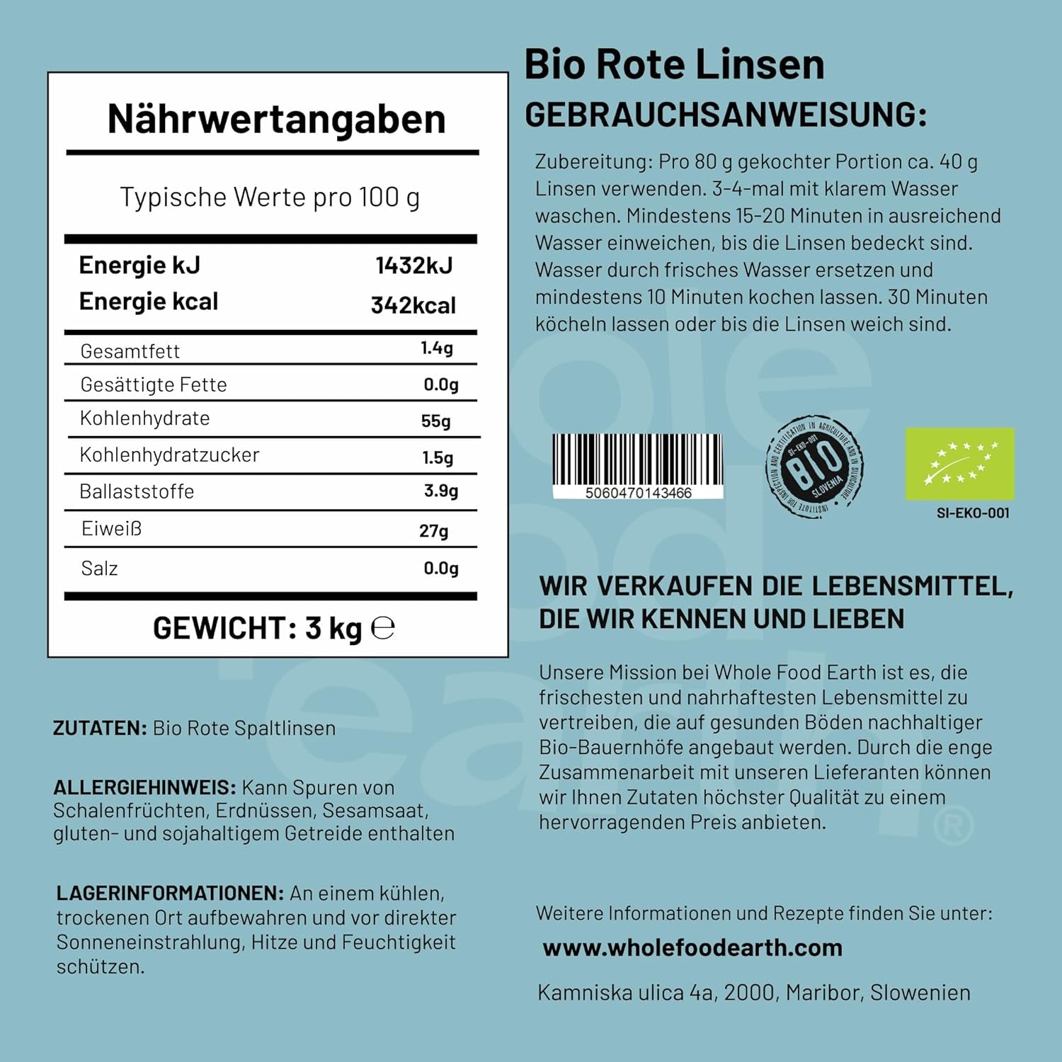 Wholefood Earth Lentejas Rojas Partidas Orgánicas 3kg Sin OGM Vegano Alto en Fibra Alto en Proteínas Procedente de Agricultura Ecológica Certificada