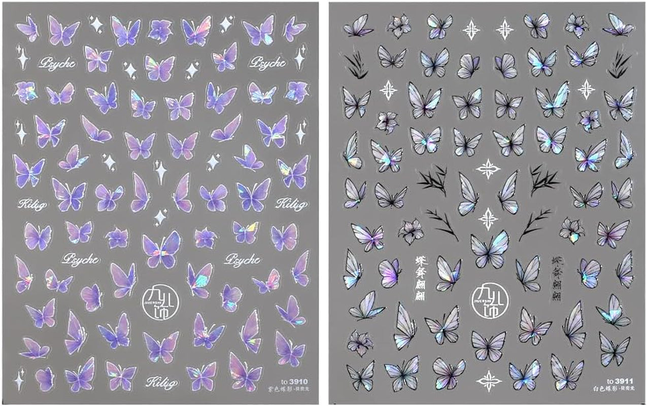 2 Blätter Schmetterling Nagelsticker Selbstklebend,Muschel Glitzer Nail Art Mariposas Adhesivos para uñas Lila Grau Schmetterlinge Nagelaufkleber Relieve Láser Mariposas Nagel Adhesivo Nageldesign Zubehör