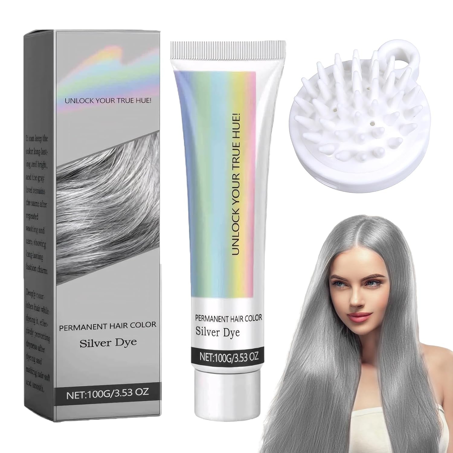 Tinte para el Cabello Gris Plata Natural Gris Plata Tinte para el Cabello en Crema, Tinte para el Cabello Gris en Crema Gris Plata, Gris Plata Tinte para el Cabello Natural en Crema Tinte para el Cabello Gris para Todo Tipo de Cabello con 1 Masajeador del Cuero Cabelludo (100ml) Naty Shop Tinte para el Cabello Título Predeterminado