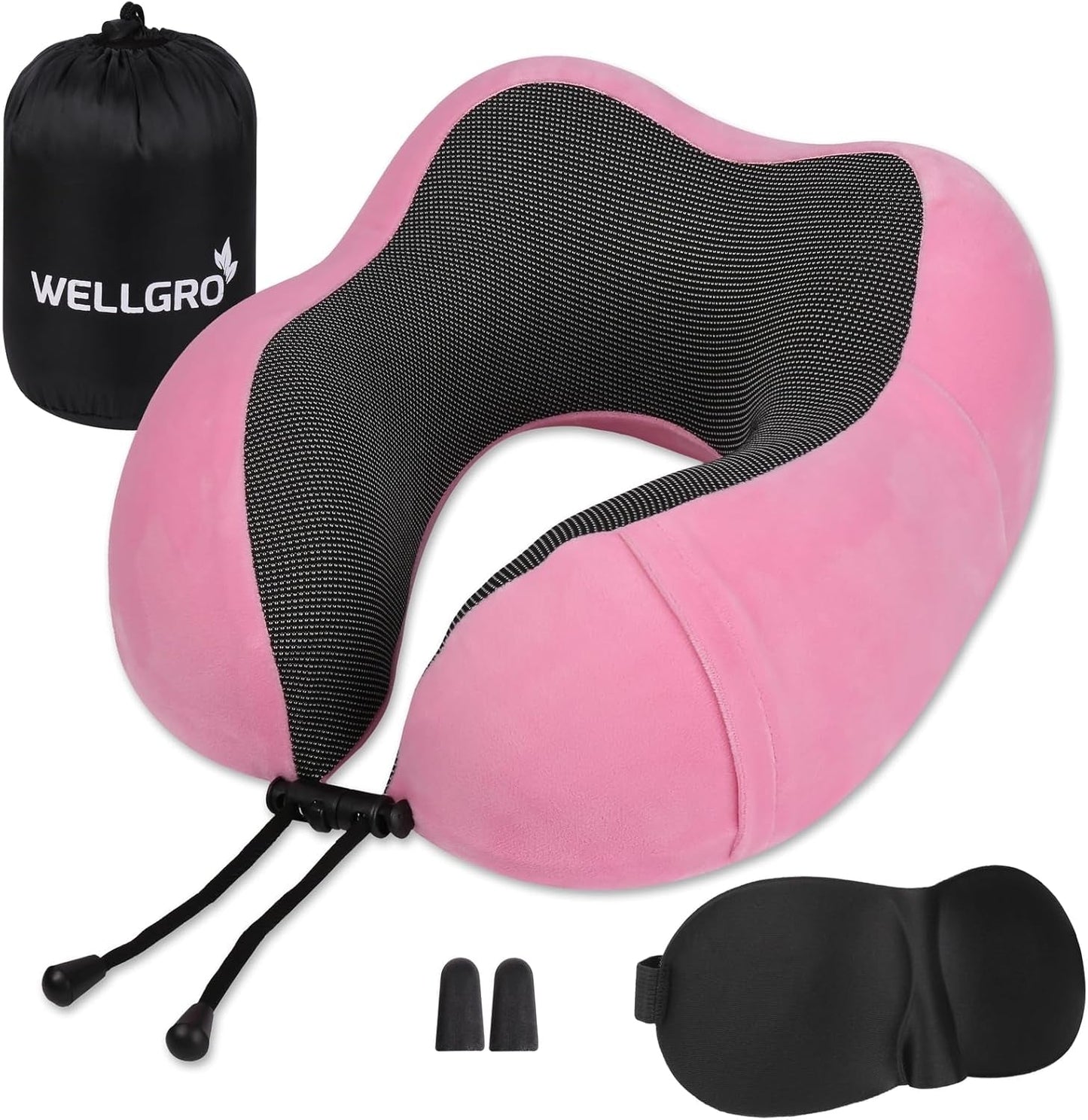 WELLGRO Juego de almohadas cervicales con máscara para dormir 3D y tapones para los oídos - Funda extraíble - Espuma viscoelástica - Cierre de cremallera - Incluye bolsa de almacenamiento - Almohada de viaje - Color seleccionable, Color:Gris Naty Shop Pink Almohadas cervicales ortopédicas