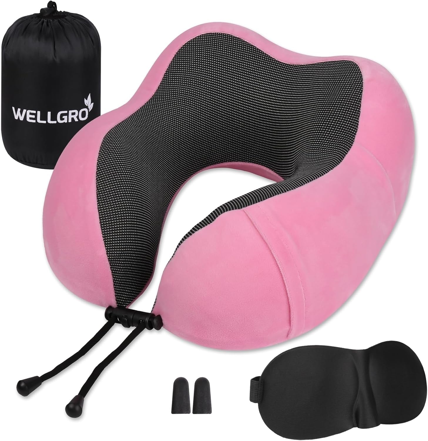 WELLGRO Juego de almohadas cervicales con máscara para dormir 3D y tapones para los oídos - Funda extraíble - Espuma viscoelástica - Cierre de cremallera - Incluye bolsa de almacenamiento - Almohada de viaje - Color seleccionable, Color:Gris Naty Shop Pink Almohadas cervicales ortopédicas