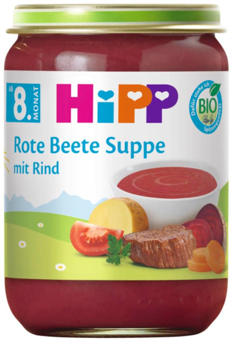 Sopa de remolacha con ternera HiPP Organic (6 x 190g), a partir de 8 meses, sin sal añadida, sin gluten, con Omega 3, la mejor calidad ecológica