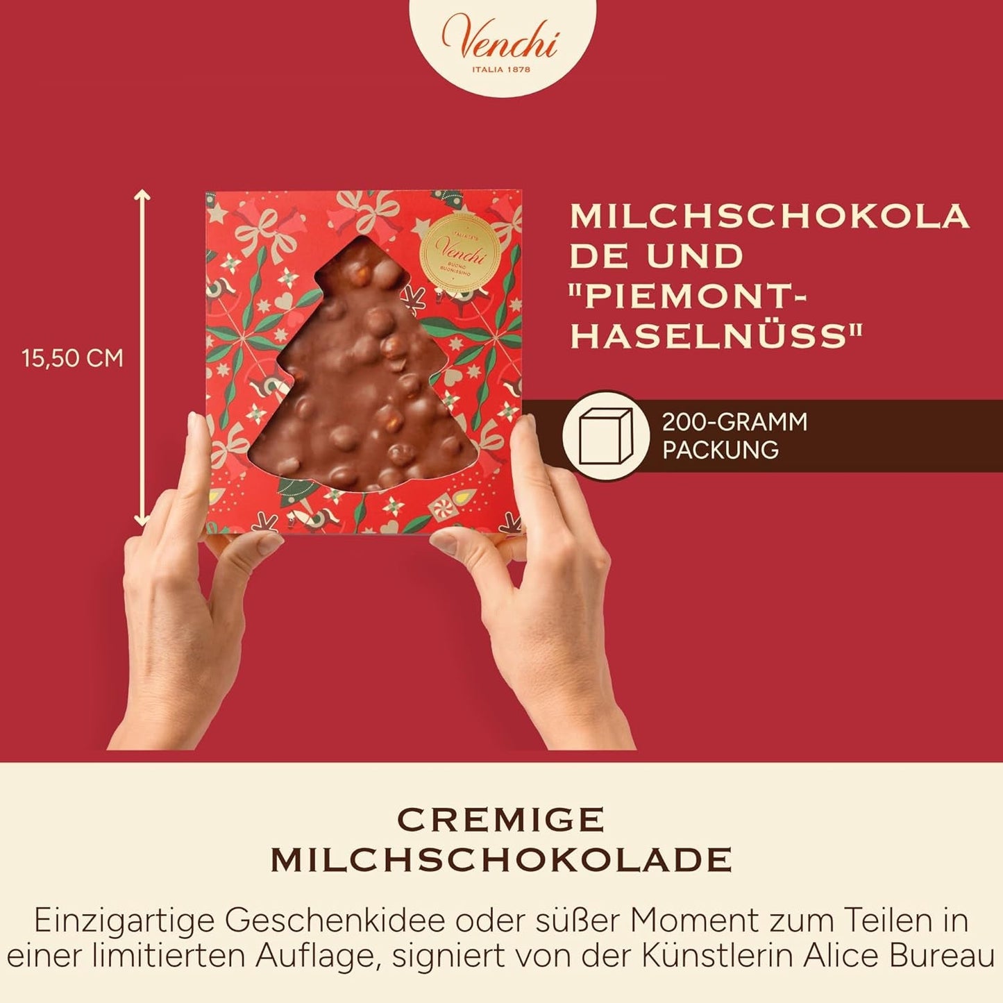 Venchi, Brutto&Buono, barra de chocolate con leche en forma de abeto "Avellana del Bosque del Piamonte" hecha a mano, 200 g, sin gluten, colección navideña de edición limitada, idea de regalo