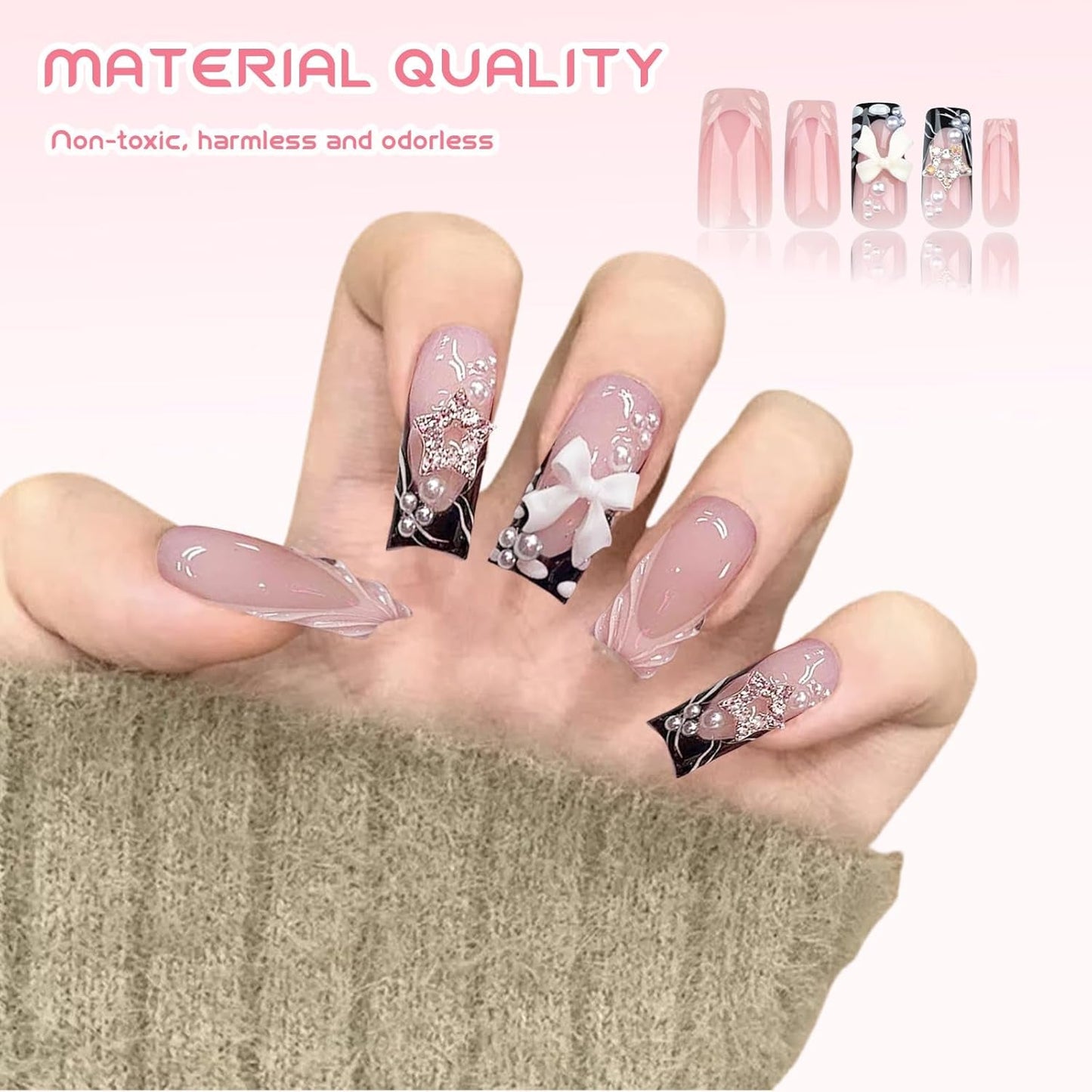 24 uñas postizas 3D con purpurina cuadrada rosa y diamantes de imitación de longitud media para mujeres y niñas