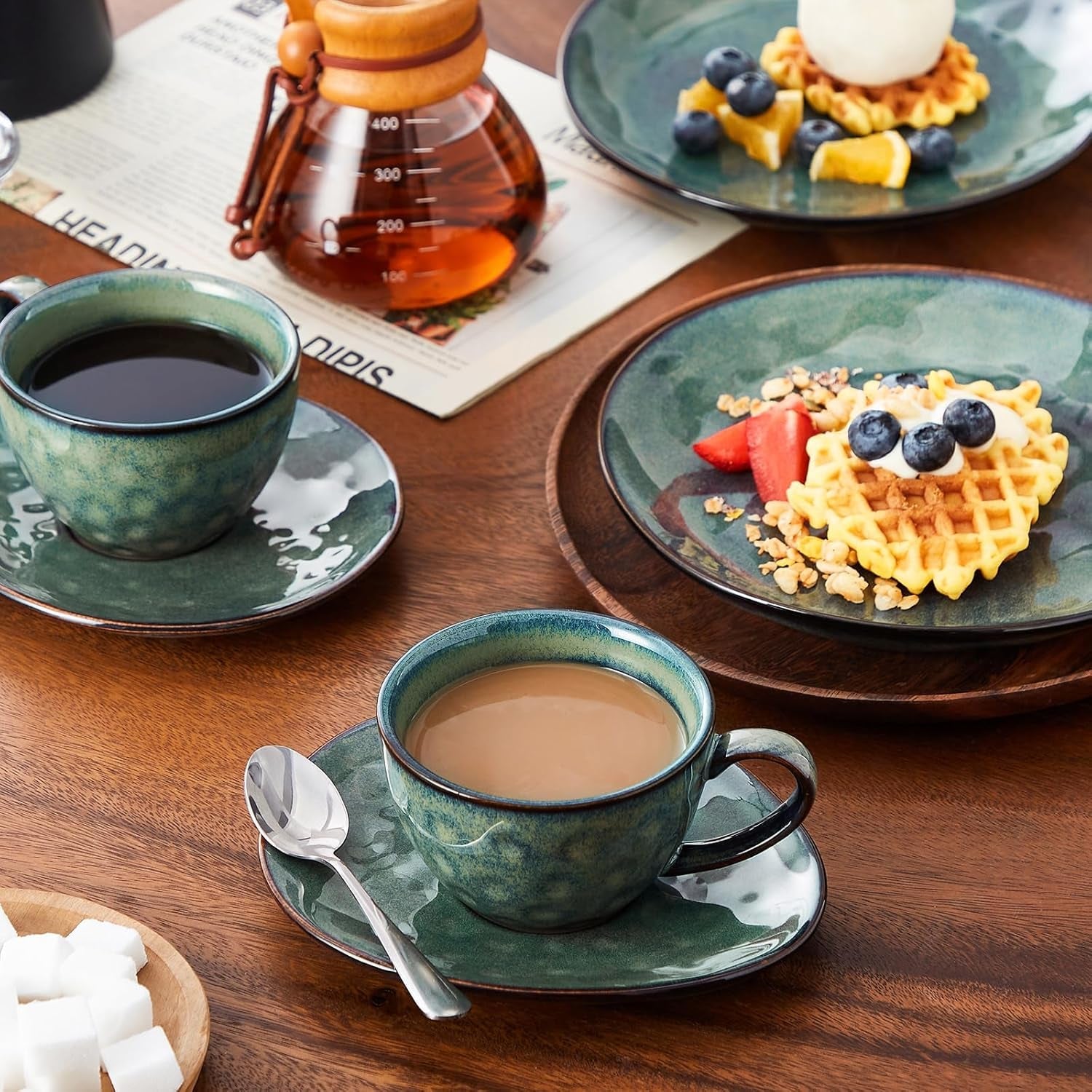 Vancasso Servicio de café de gres STARRY Juego de café de 12 piezas para 4 personas Incluye tazas de café y platillos Aspecto vintage