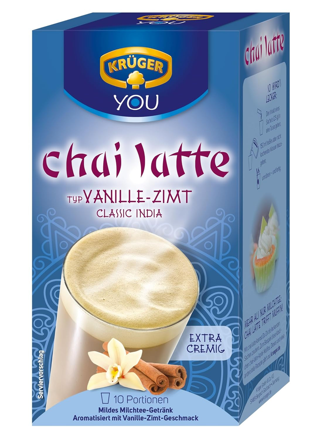 KRÜGER YOU Chai Latte Vanilla Cinnamon, preparación instantánea para bebidas lácteas, aromatizado con vainilla y canela, 250 g (10 sobres de 25 g)