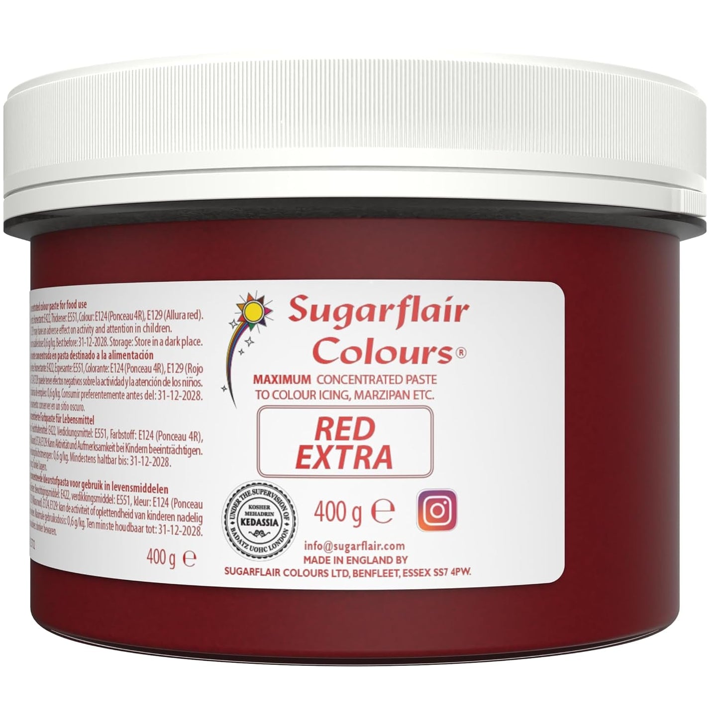 Colorante alimentario Sugarflair Max Concentrado Rojo, colorante alimentario altamente concentrado para mazapán y fondant, colorante en pasta Max Concentrado - 400 g