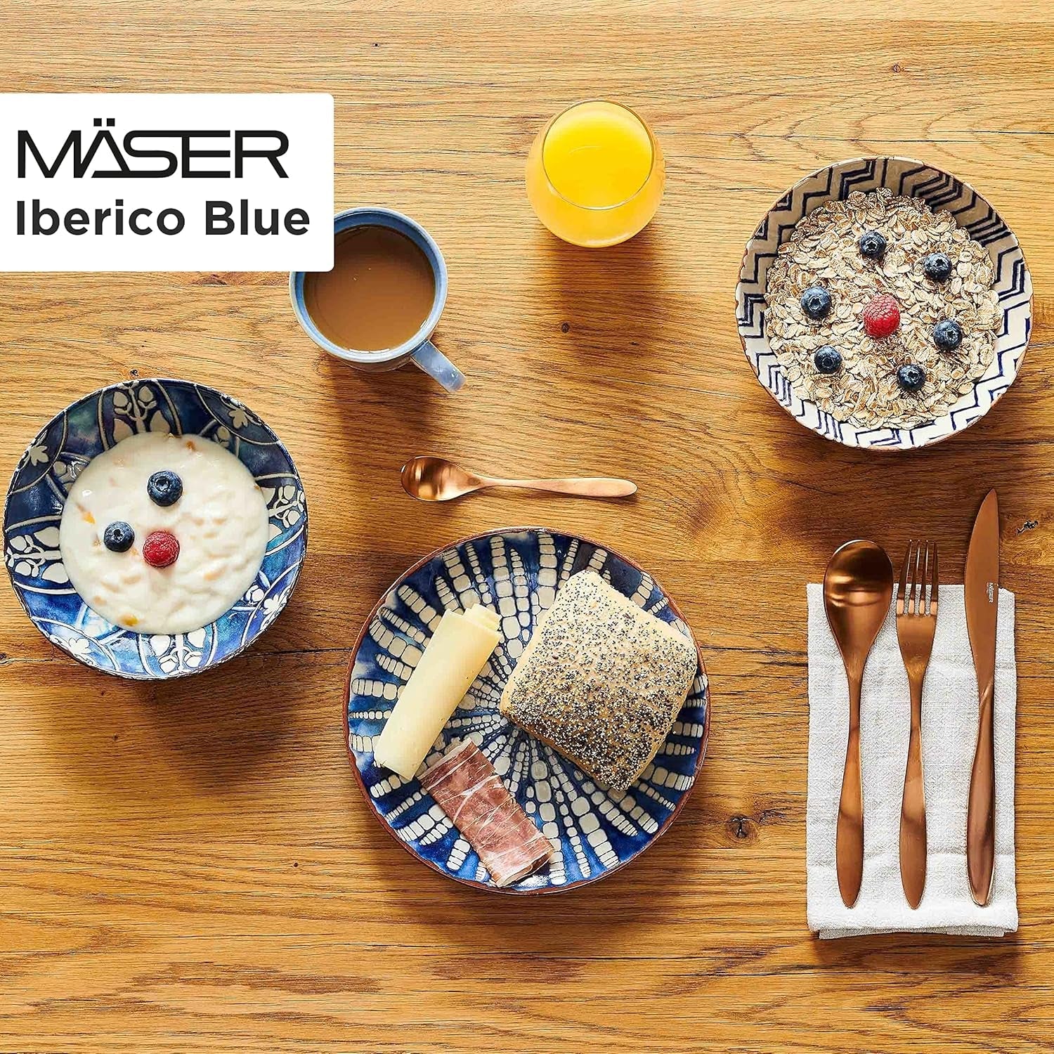 MÄSER 934017 Vajilla Iberico Blue para 4 personas, 12 piezas, estilo morisco, varios diseños vintage en blanco y azul, cerámica