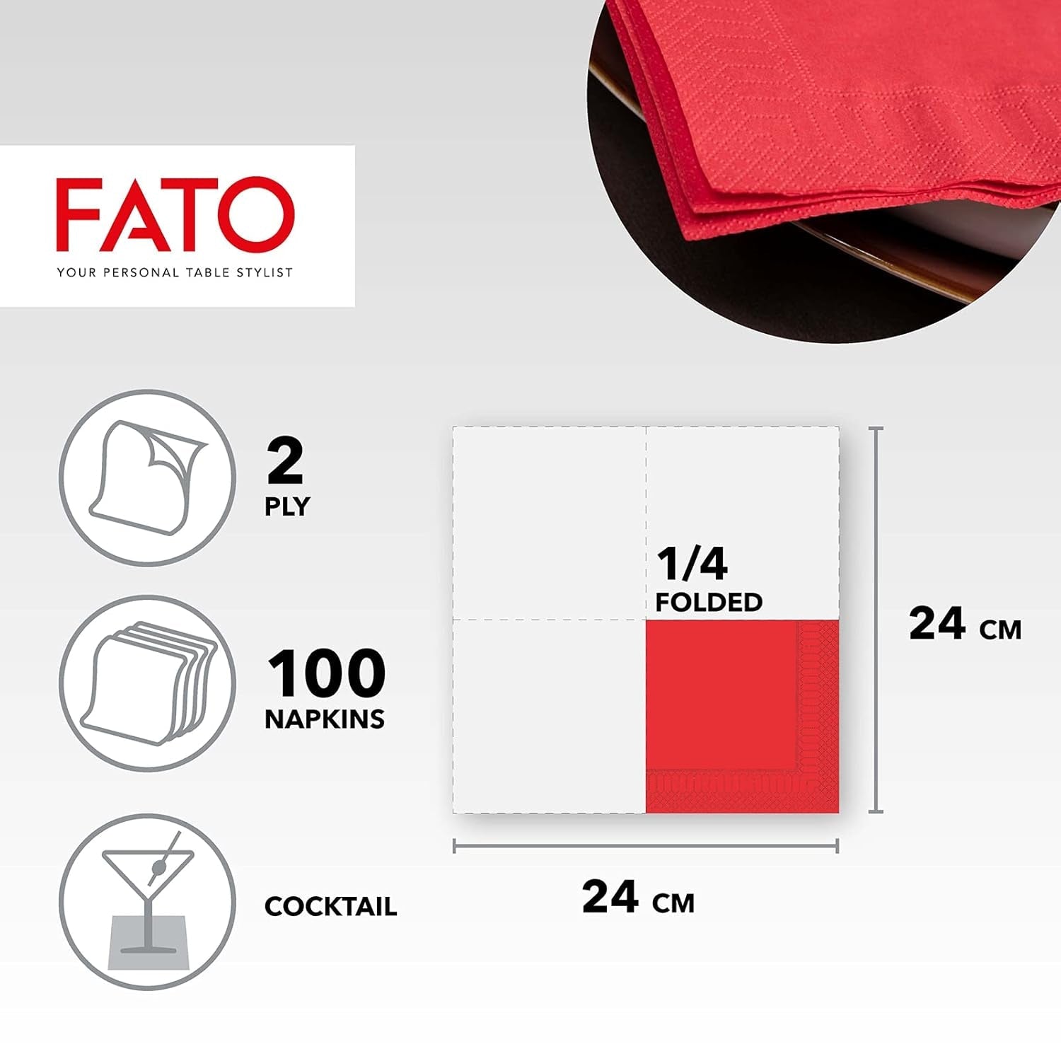 - Servilletas de papel desechables, ideales para aperitivos y cócteles, paquete de 100 servilletas, tamaño 24X24, 4 pliegues, 2 capas, color rojo, papel 100% pura celulosa, certificado Fsc