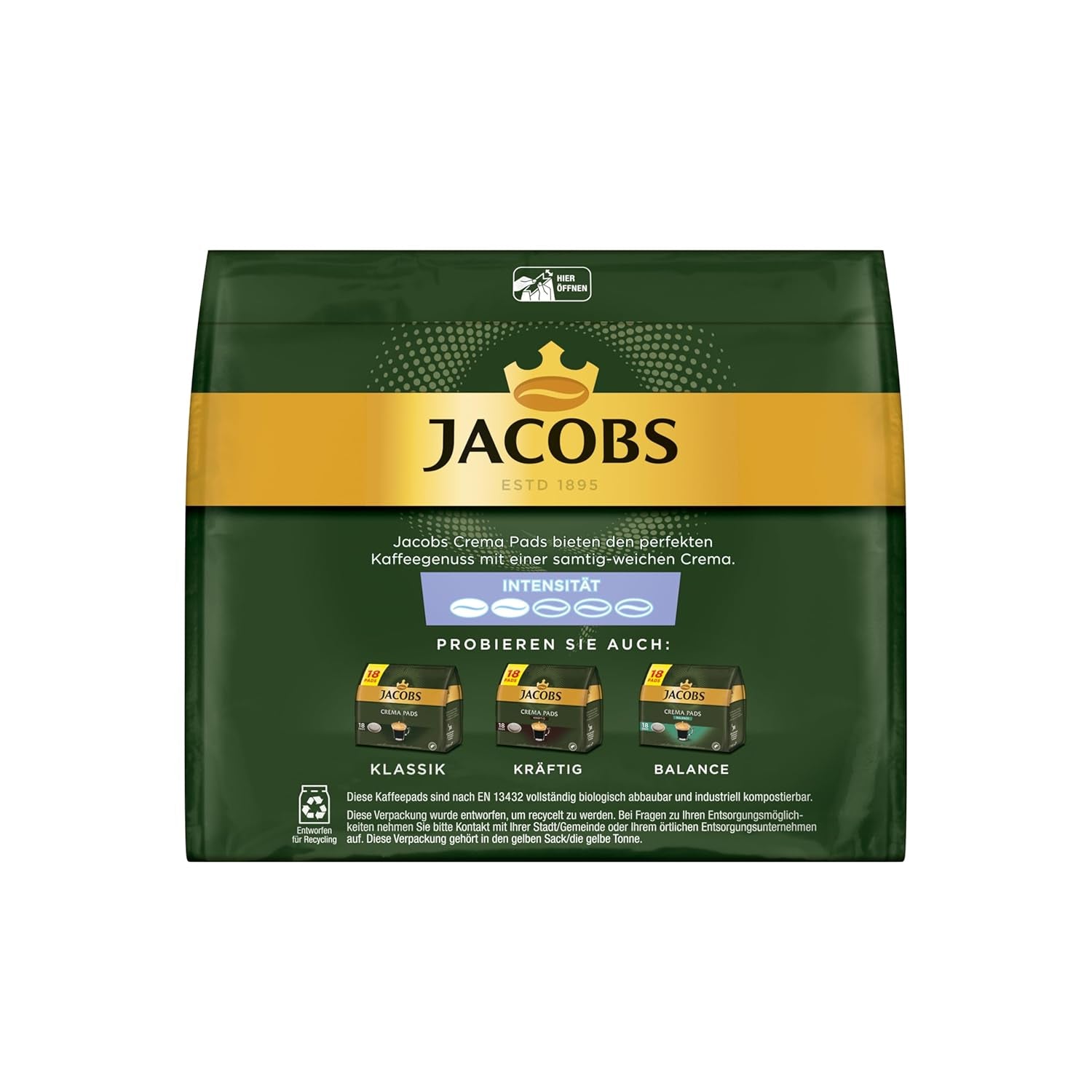 Jacobs Pads Crema Mild, Compresas compatibles con Senseo, 5 x 18 Getränke, 90 Kaffeepads