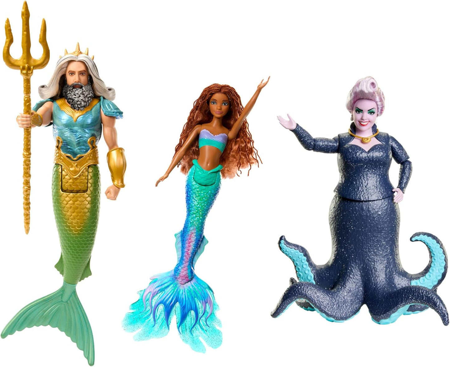 Mattel DISNEY Arielle The Mermaid Set con Mala, Karina y Arielle, atuendos y peinados únicos, para jugar imaginativamente y coleccionar, para edades de 3 años en adelante, HND29 Naty Shop Muñecas King Triton, Ursula y Ariel