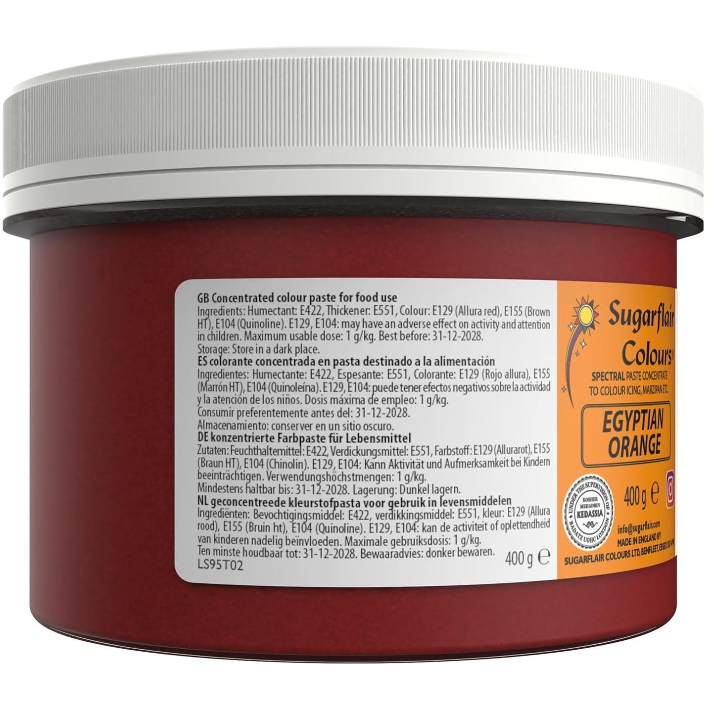 Sugarflair Colorante alimentario para pasta, Naranja egipcia, Colorante alimentario para pasta, fondant y mazapán, Colores concentrados espectrales - 400 g