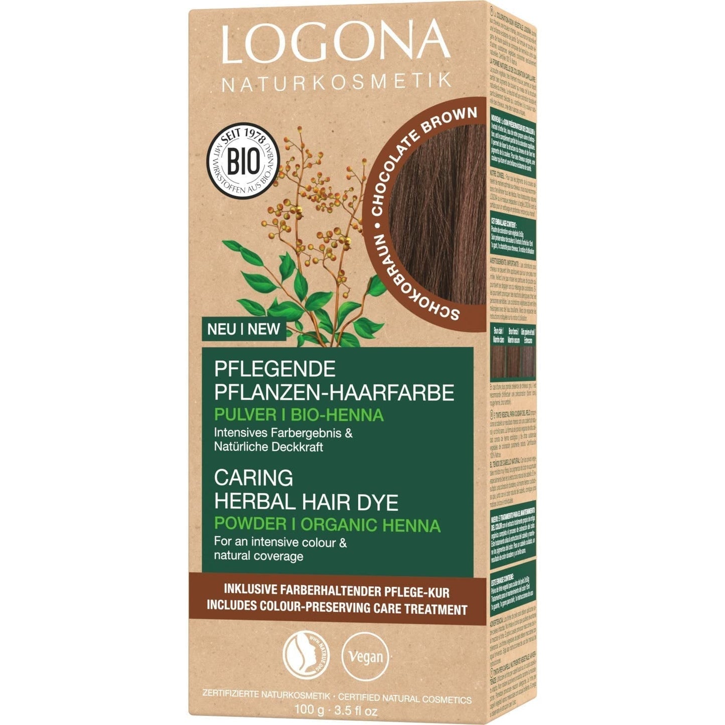 LOGONA Natural Cosmetics Tinte Capilar Nutritivo a Base de Hierbas, Henna Orgánica en Polvo Tinte Vegano para un Color y Brillo Intensos, Tinte Capilar a Base de Hierbas en Rubio Cobrizo (Rubio), 1 x 100 g Naty Shop Tinte Capilar Marrón Chocolate 100 G (1 paquete)