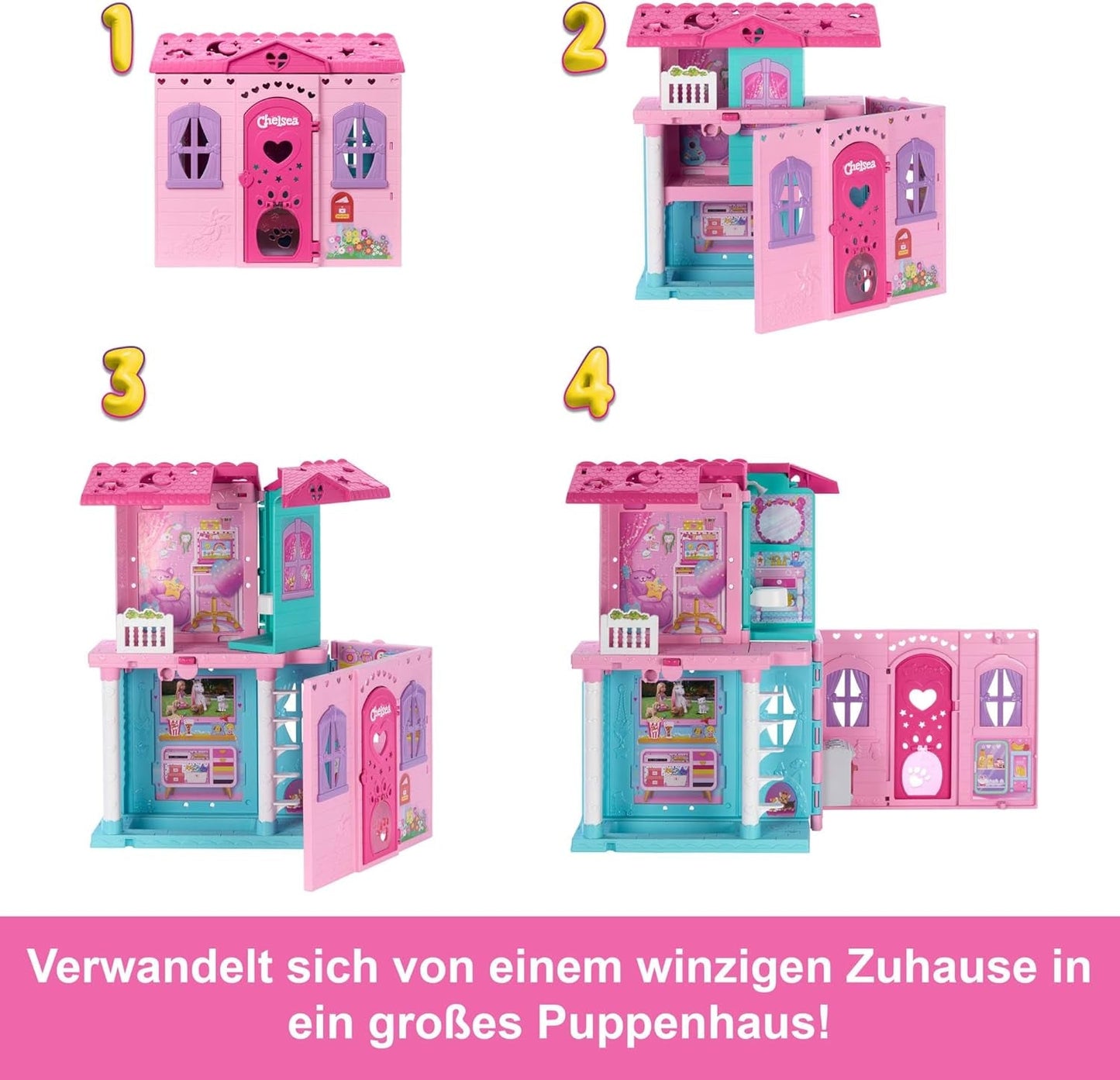 Casa de muñecas Barbie Chelsea con más de 15 accesorios, casa emergente que se expande a más de 42 x 33 cm con 5 áreas de juego y un tobogán, con una muñeca pequeña y un perro, JFW49