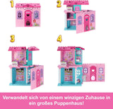 Casa de muñecas Barbie Chelsea con más de 15 accesorios, casa emergente que se expande a más de 42 x 33 cm con 5 áreas de juego y un tobogán, con una muñeca pequeña y un perro, JFW49