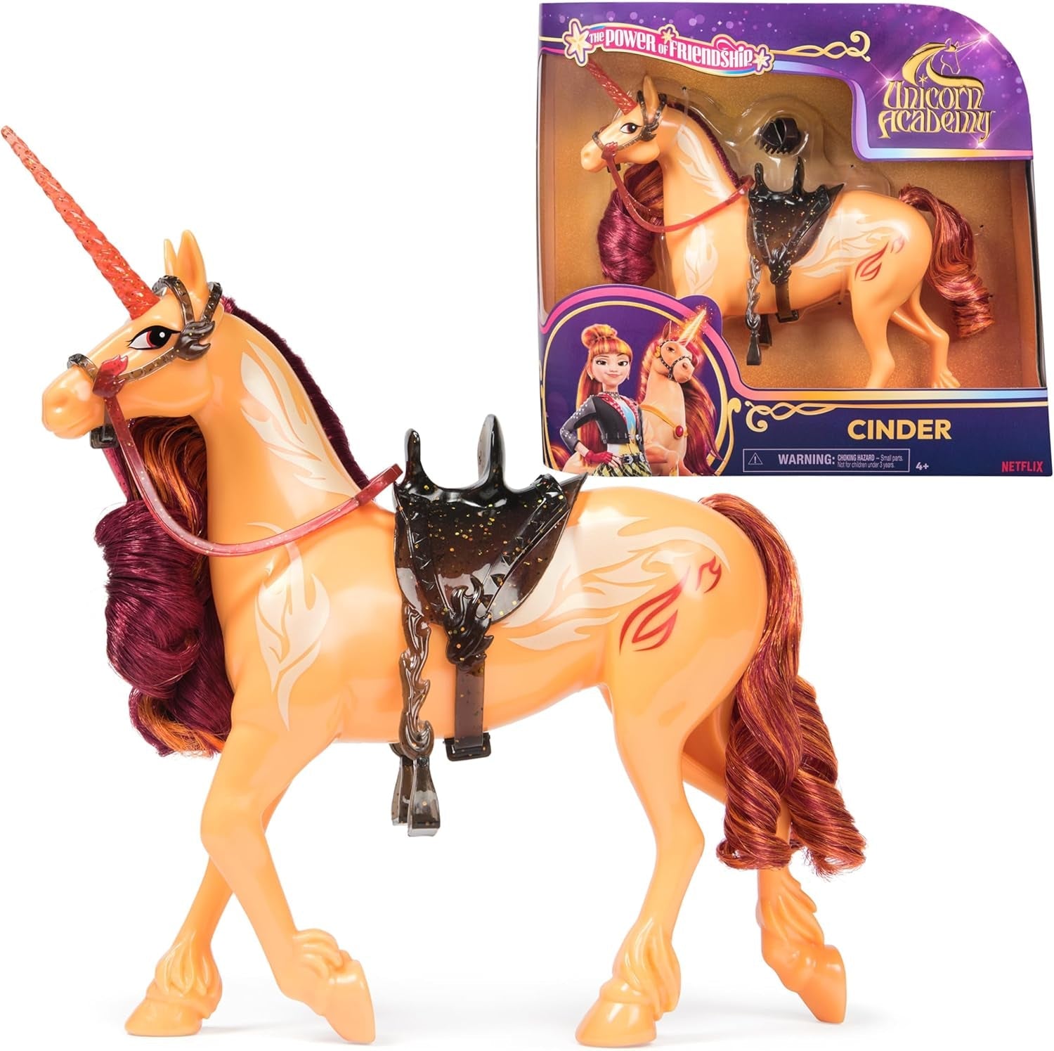 Unicorn Academy Cinder the Unicorn - Unicornio Valentina original de 28 cm de altura de la serie de Netflix, con melena y cola reales, brida, silla y cepillo extraíbles, para niños a partir de 4 años