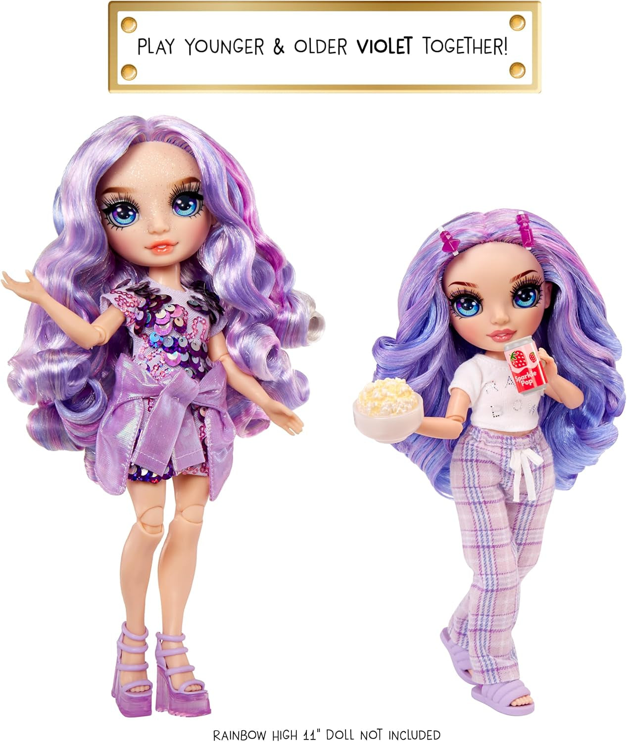 Muñeca Rainbow High Junior High PJ Party - Violeta - 22 cm con mono mullido, zapatillas y accesorios de juego - Juguete para niños - Ideal para 4-12 años