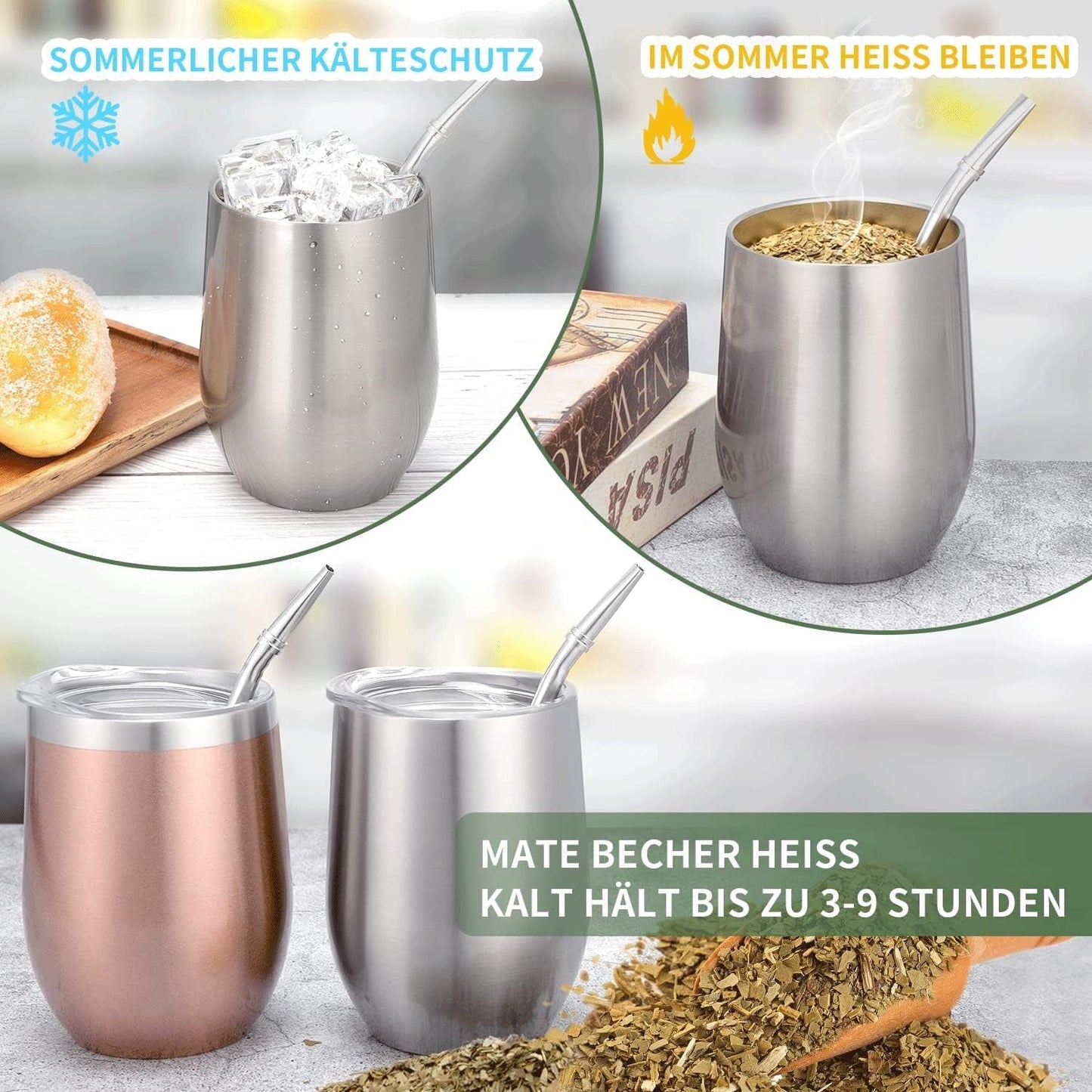 Taza Mate Moderna 340ml, Juego de Tazas de Yerba Mate de Acero Inoxidable con Doble Pared Aislante, Taza de Té Mate con Tapa Libre de BPA, Bombillas y Cepillo de Limpieza (Plata)